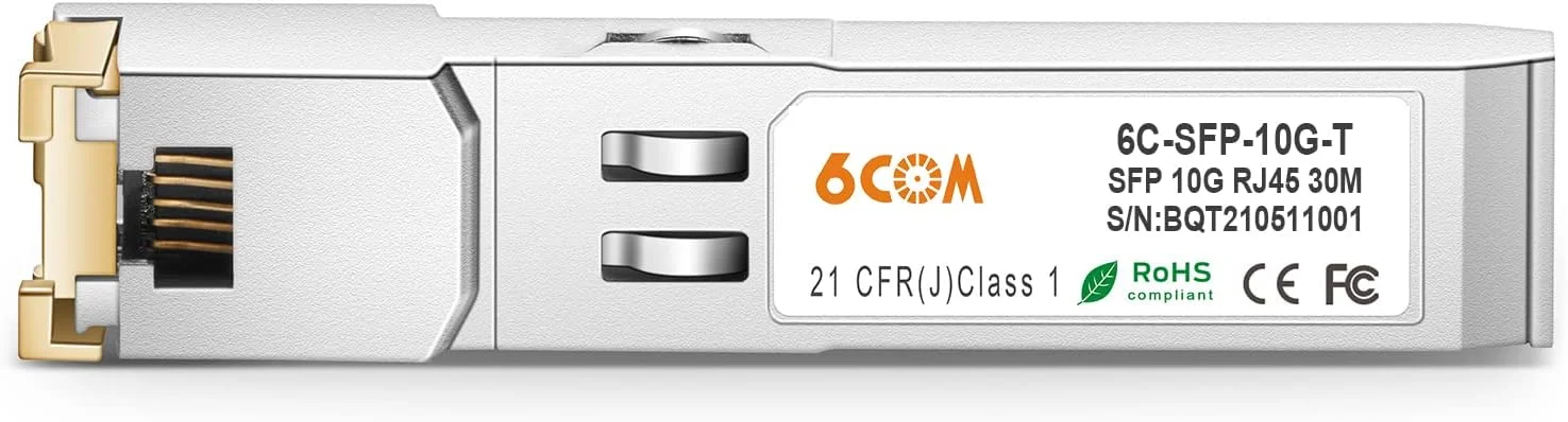 فرستنده و گیرنده مسی 6COM 10G SFP+ RJ45، ماژول 10GBase-T Cat6a/7، سازگار با Juniper EX-SFP-10GE-T، تا 30 متر فرستنده و گیرنده مسی 6COM 10G SFP+ RJ45، ماژول 10GBase-T Cat6a/7، سازگار با Juniper EX-SFP-10GE-T، تا 30 متر