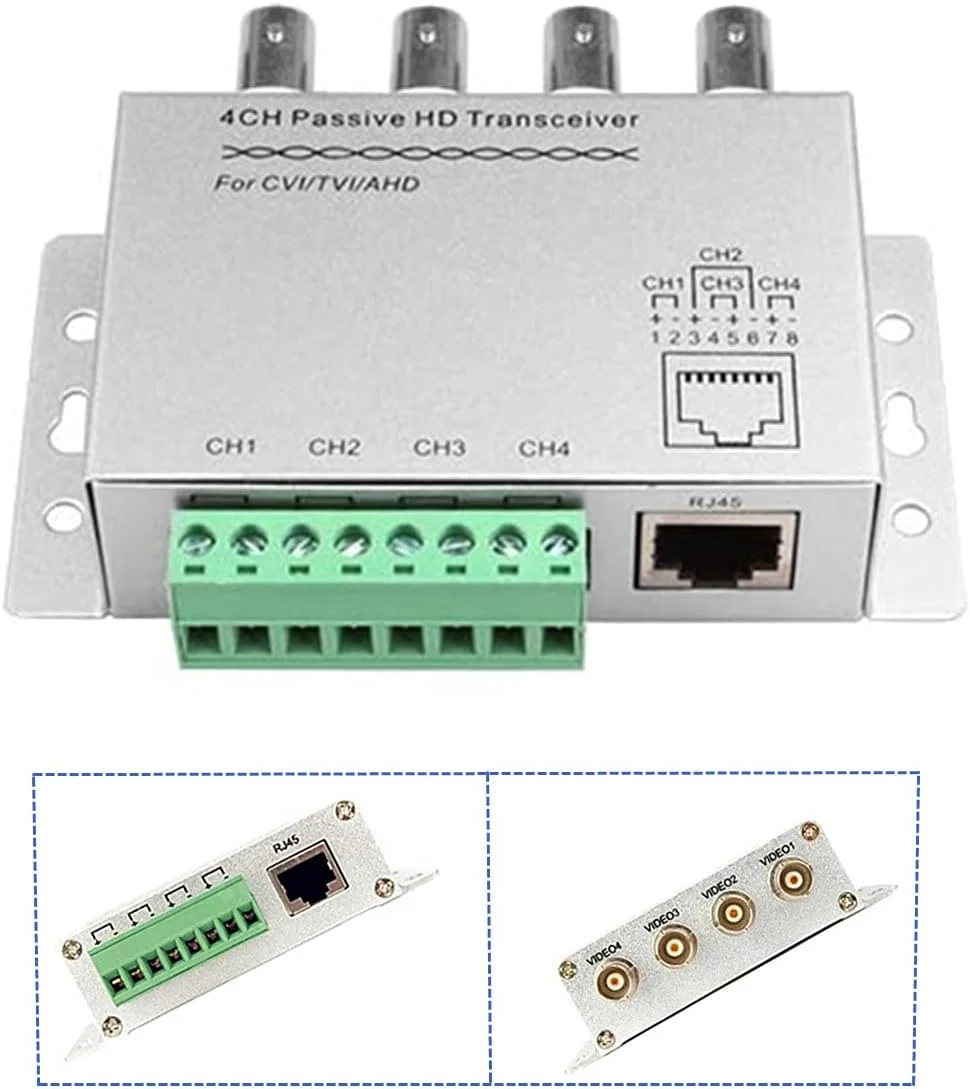 فرستنده و گیرنده غیرفعال 4 کاناله BeElion UTP برای دوربین مداربسته HDCVI/TVI/AHD با رزولوشن 720P/1080P، تبدیل BNC به Cat5/5E/6 RJ45 (T568B) برای سیستم دوربین مداربسته