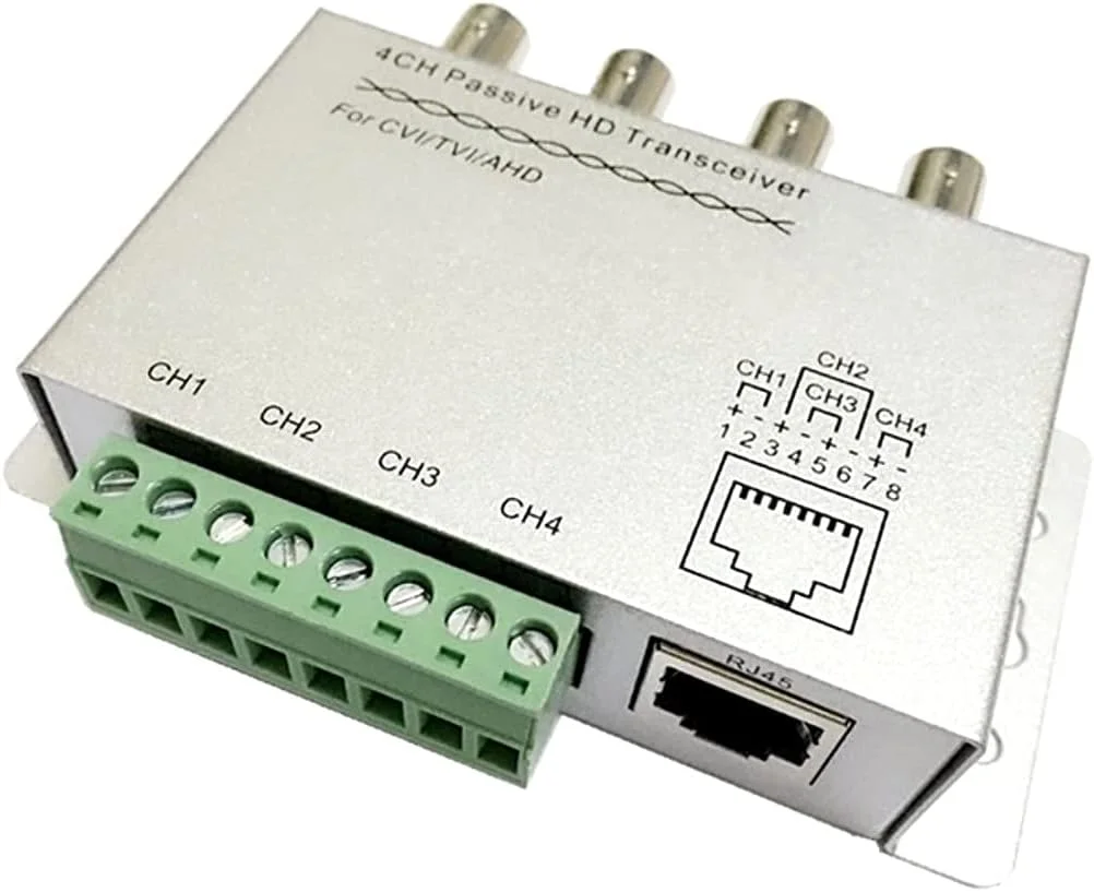 فرستنده و گیرنده غیرفعال 4 کاناله BeElion UTP برای دوربین مداربسته HDCVI/TVI/AHD با رزولوشن 720P/1080P، تبدیل BNC به Cat5/5E/6 RJ45 (T568B) برای سیستم دوربین مداربسته