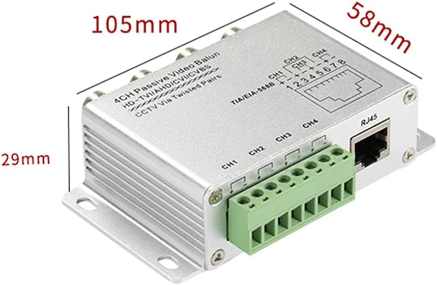 فرستنده و گیرنده غیرفعال ویدئو بالون 4 کاناله UTP، تبدیل کننده کابل BNC به Cat5/5E/6 RJ45(T568B) UTP برای سیستم دوربین مداربسته