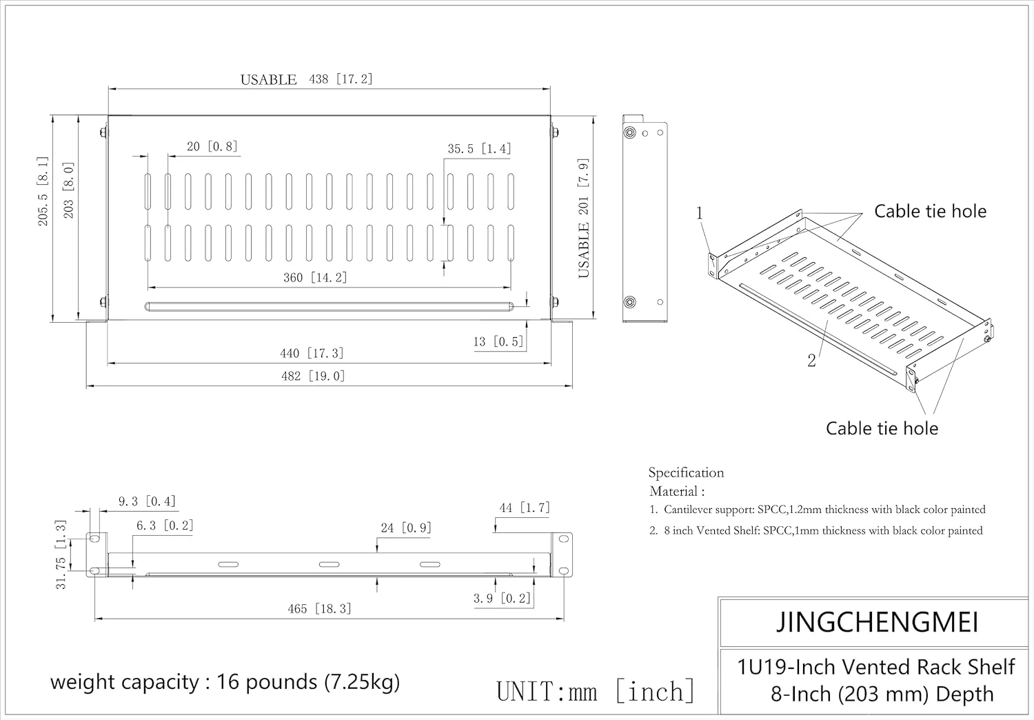 سینی رک 1U منفذدار جدا شده JINGCHENGMEI، سینی رک جهانی بدون لبه برای رک شبکه یا سرور 19 اینچی (عمق 8 اینچ)