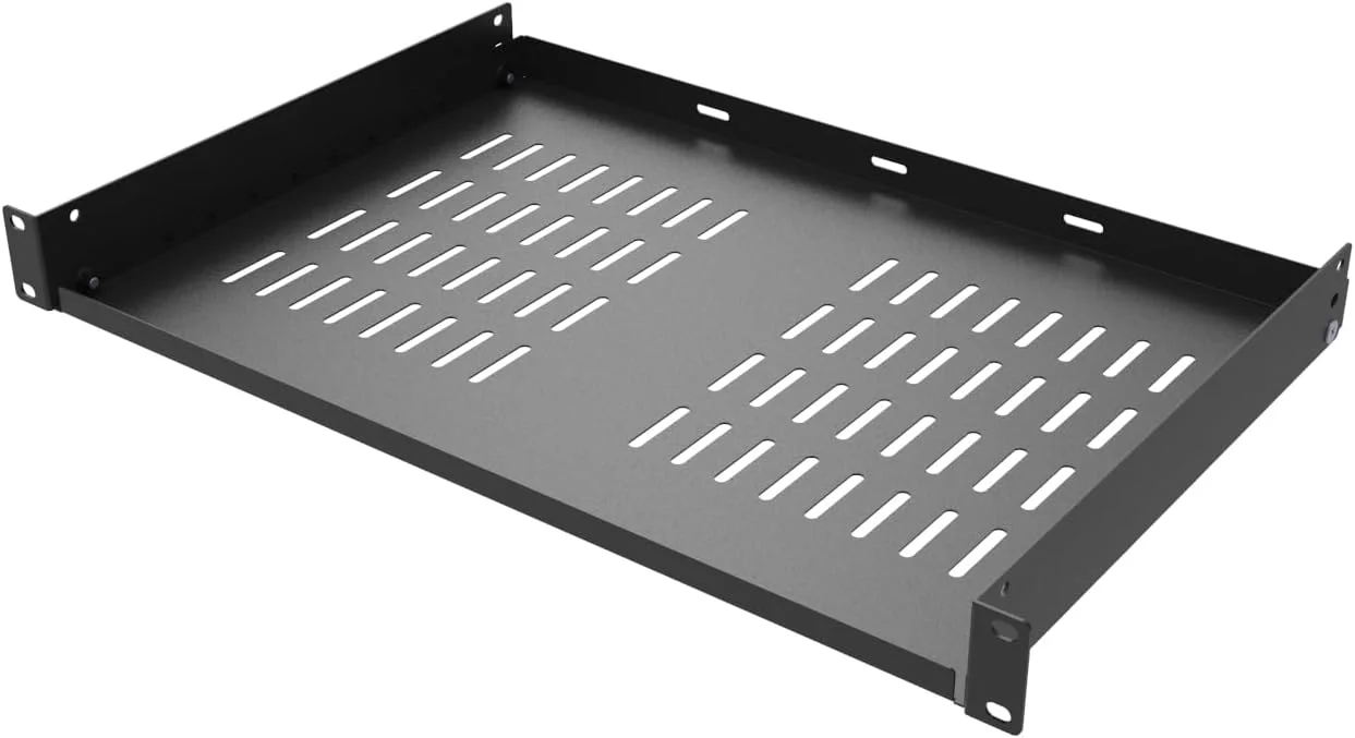 سینی رک یونیورسال استیل 1U دمونتاژ شده، سینی رک طره ای تهویه دار 12 اینچی برای نصب تجهیزات شبکه 19 اینچی، مشکی (12 اینچ)