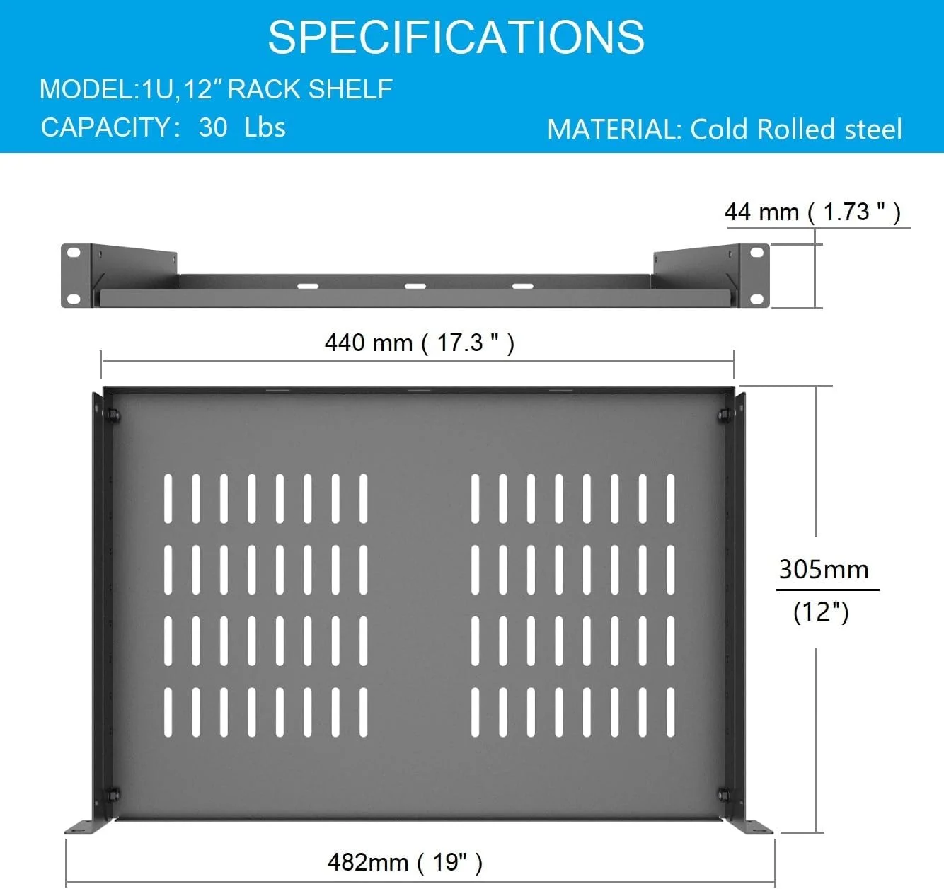 سینی رک یونیورسال استیل 1U دمونتاژ شده، سینی رک طره ای تهویه دار 12 اینچی برای نصب تجهیزات شبکه 19 اینچی، مشکی (12 اینچ)