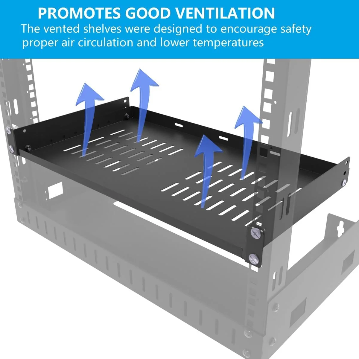 سینی رک یونیورسال استیل 1U دمونتاژ شده، سینی رک طره ای تهویه دار 12 اینچی برای نصب تجهیزات شبکه 19 اینچی، مشکی (12 اینچ)