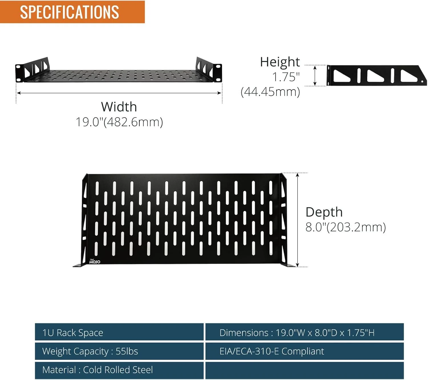 قفسه رک 1U Tecmojo، قفسه رک 19 اینچی با عمق 8 اینچ، قفسه نصب رک با توقف ضد لغزش، قفسه رک سرور و قفسه شبکه برای تجهیزات 19 اینچی، ظرفیت 55 پوندی قفسه 1U دارای تهویه، بدون لبه (بسته 2 عددی)