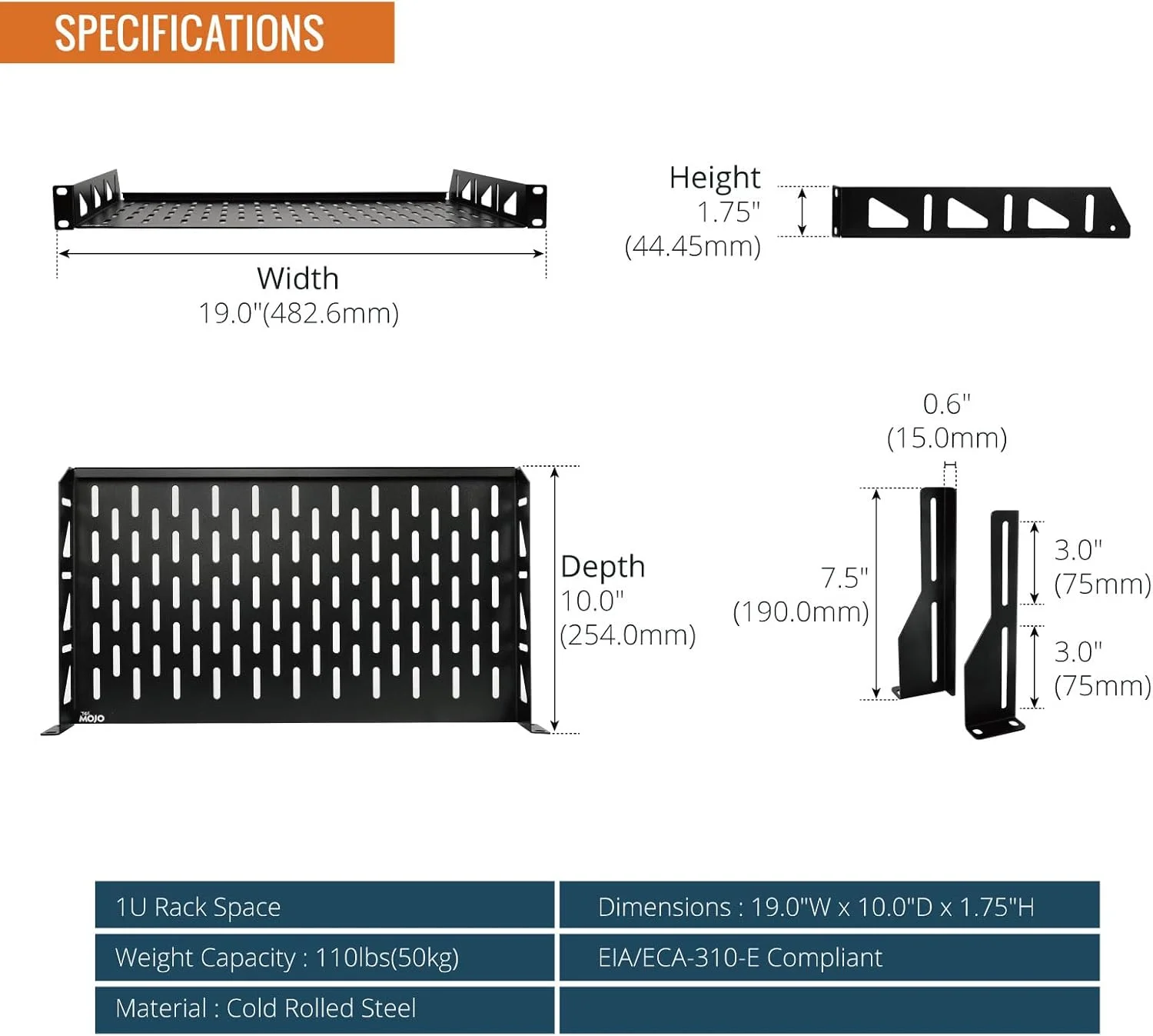 قفسه تکیه گاهی رک مونت Tecmojo 1U بسته 2 عددی، قفسه رک سرور و شبکه 19 اینچی با تهویه، عمق 254 میلی متر با گوش های نگهدارنده عقب و استاپر ضد لغزش، ظرفیت 50 کیلوگرم