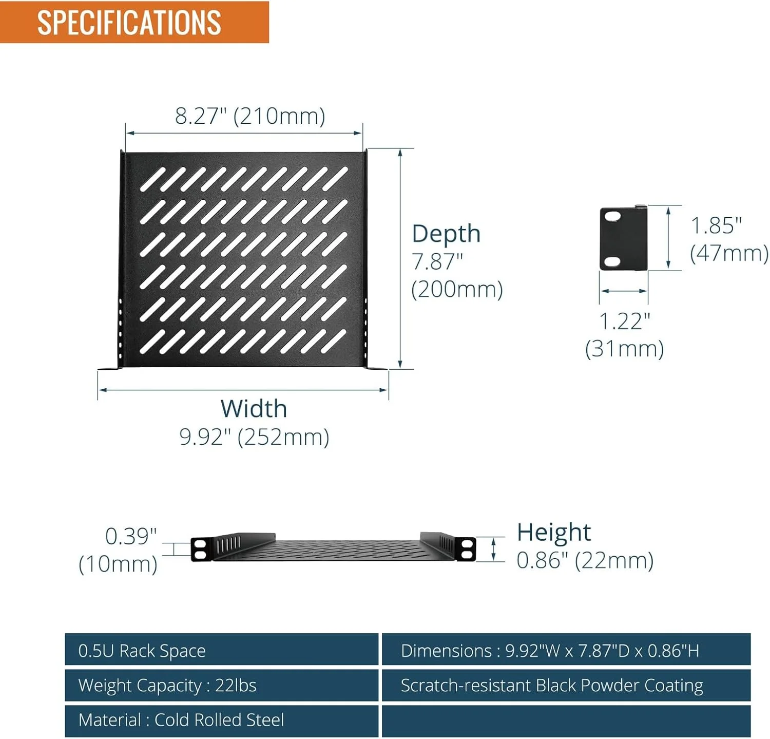 قفسه رک مونت Tecmojo، بسته 2 عددی، 0.5U، مناسب برای رک سرور 10 اینچی، سینی طره ای تهویه دار به عمق 7.87 اینچ، قفسه فلزی برای کابینت شبکه، محفظه سرور، جریان هوای بهبود یافته، مشکی