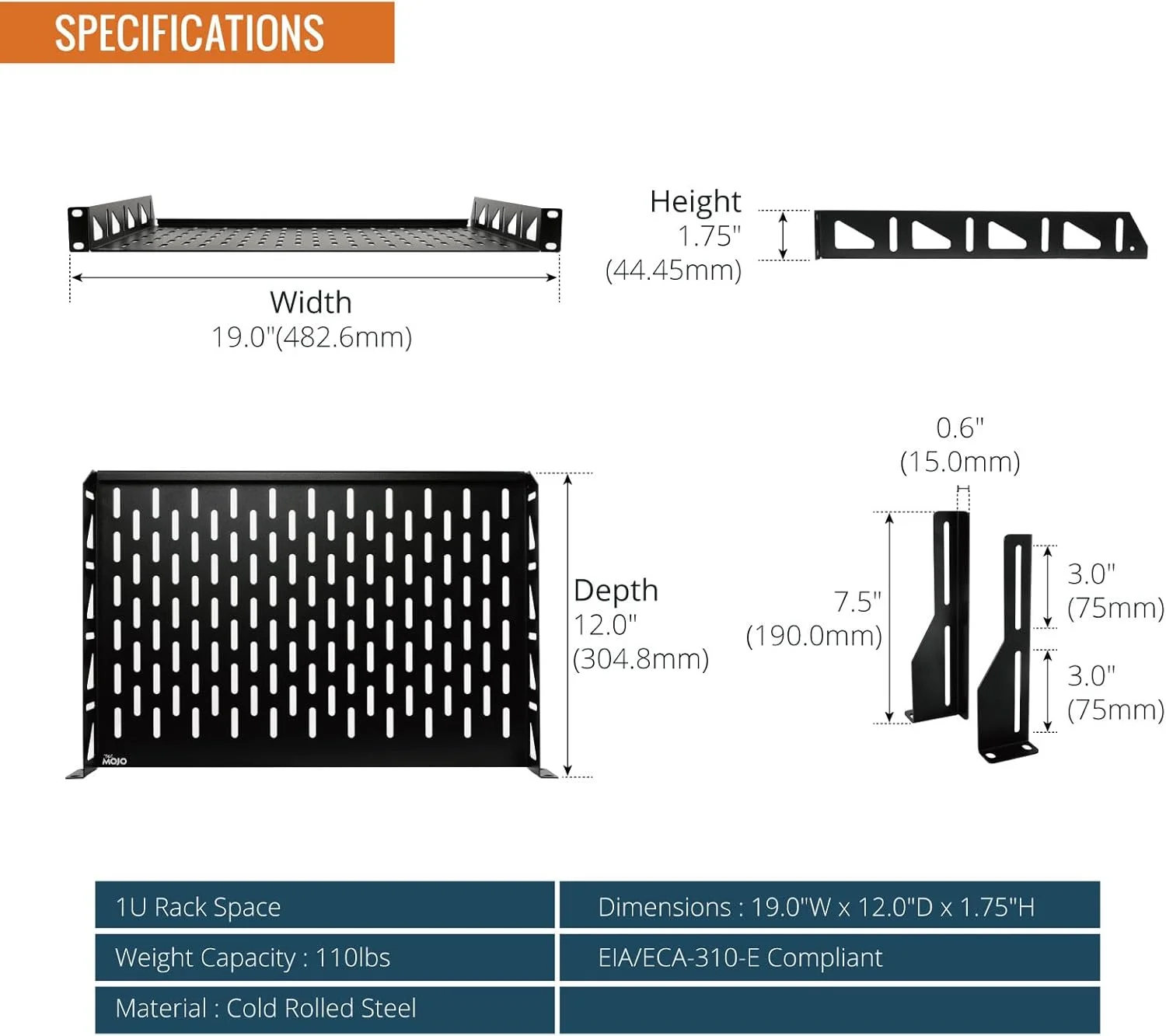 قفسه رک 1U Tecmojo، قفسه رک 19 اینچی با عمق 12 اینچ، قفسه نصب رک با توقف های ضد لغزش، قفسه رک سرور و قفسه شبکه برای تجهیزات 19 اینچی، ظرفیت 110 پوندی قفسه 1U منفذدار، بدون لبه (بسته 2 عددی)