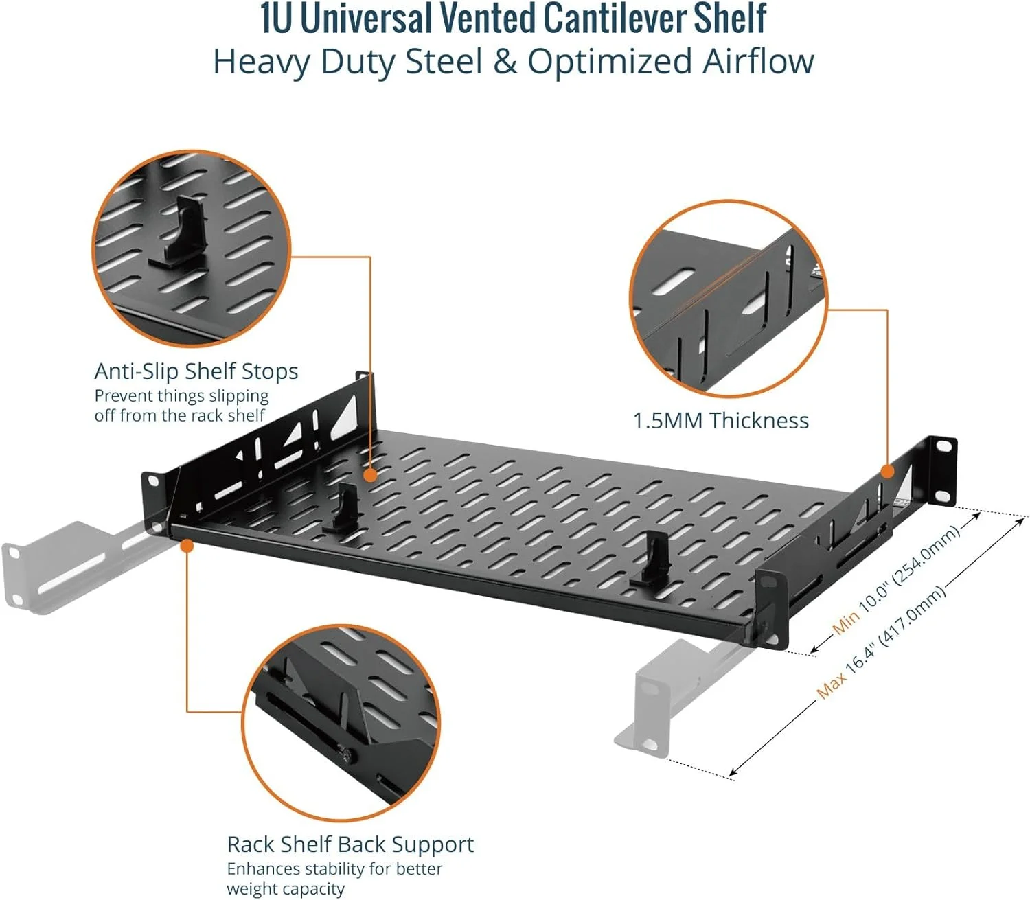 قفسه تکیه گاهی رک مونت Tecmojo 1U بسته 2 عددی، قفسه رک سرور و شبکه 19 اینچی با تهویه، عمق 254 میلی متر با گوش های نگهدارنده عقب و استاپر ضد لغزش، ظرفیت 50 کیلوگرم