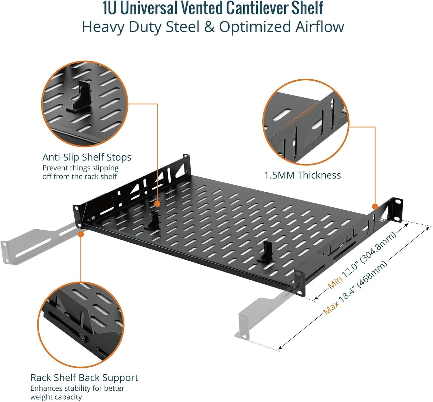 قفسه رک 1U Tecmojo، قفسه رک 19 اینچی با عمق 12 اینچ، قفسه نصب رک با توقف های ضد لغزش، قفسه رک سرور و قفسه شبکه برای تجهیزات 19 اینچی، ظرفیت 110 پوندی قفسه 1U منفذدار، بدون لبه (بسته 2 عددی)