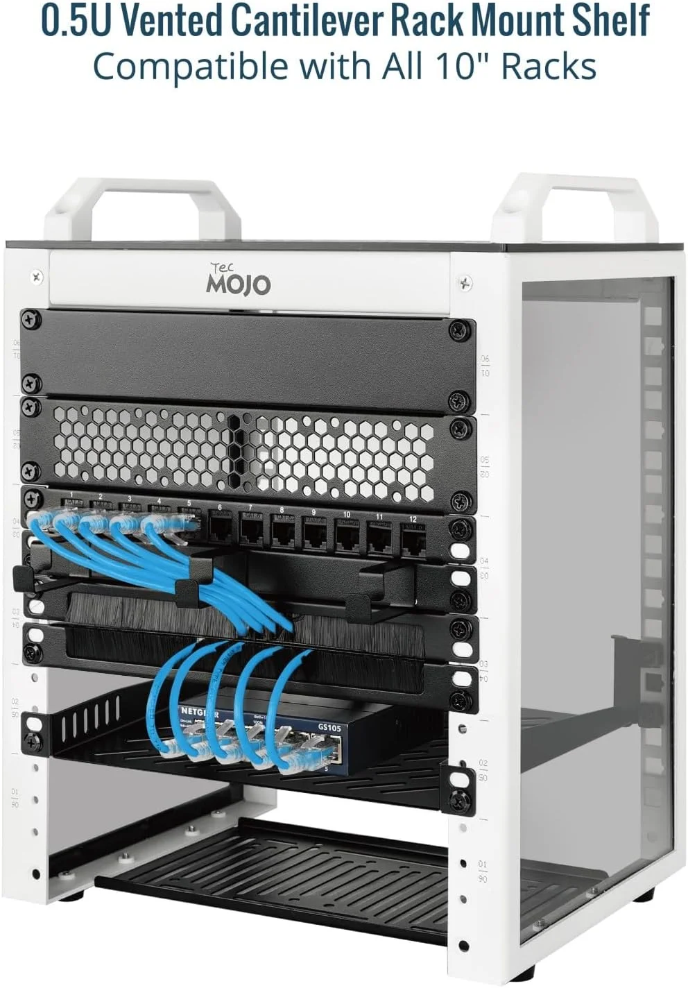 قفسه رک مونت Tecmojo، بسته 2 عددی، 0.5U، مناسب برای رک سرور 10 اینچی، سینی طره ای تهویه دار به عمق 7.87 اینچ، قفسه فلزی برای کابینت شبکه، محفظه سرور، جریان هوای بهبود یافته، مشکی