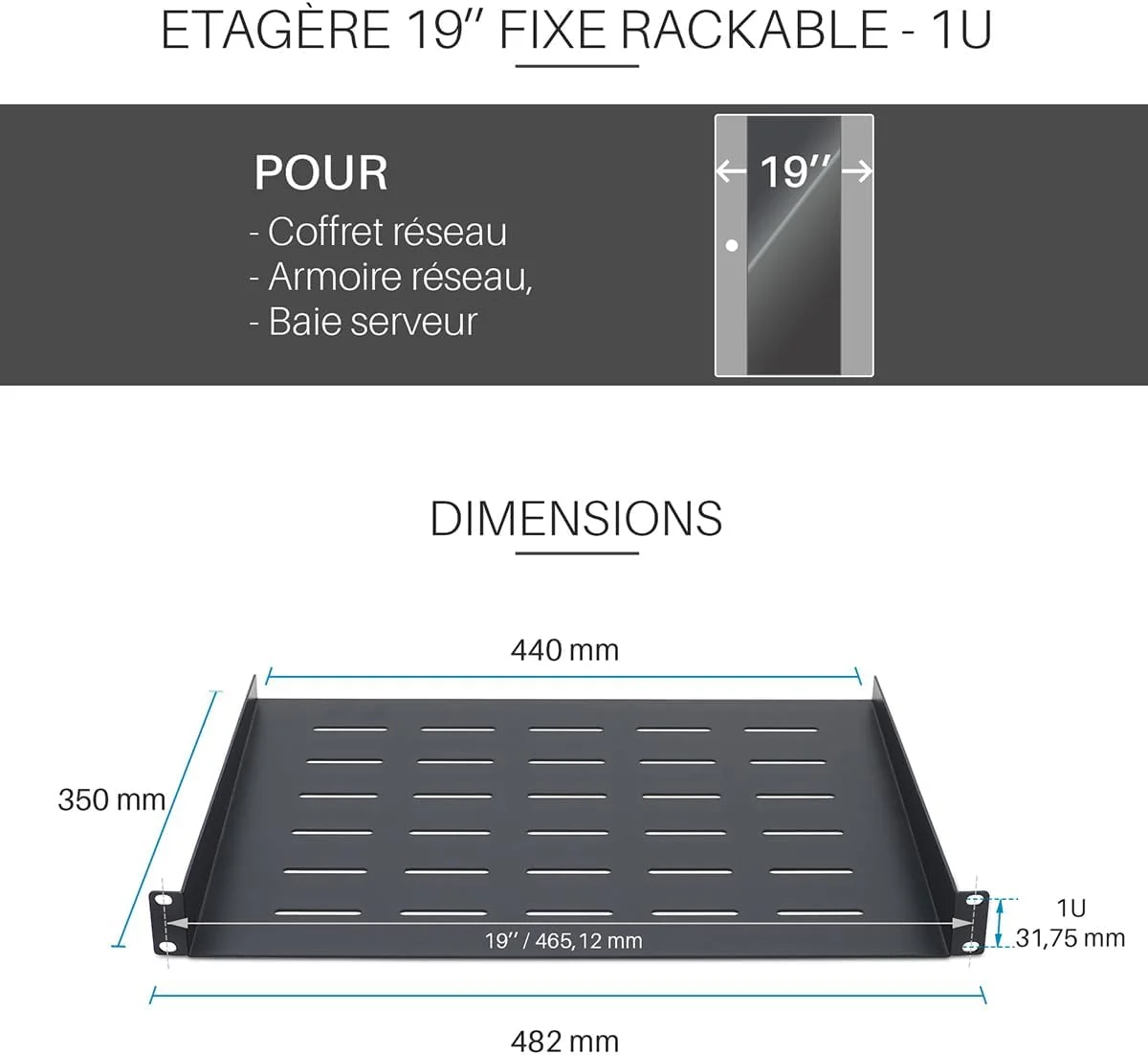 WAYTEX 37466 قفسه 1U 19 اینچی با جعبه ذخیره سازی عمق 350 میلی متر نصب ثابت - مشکی
