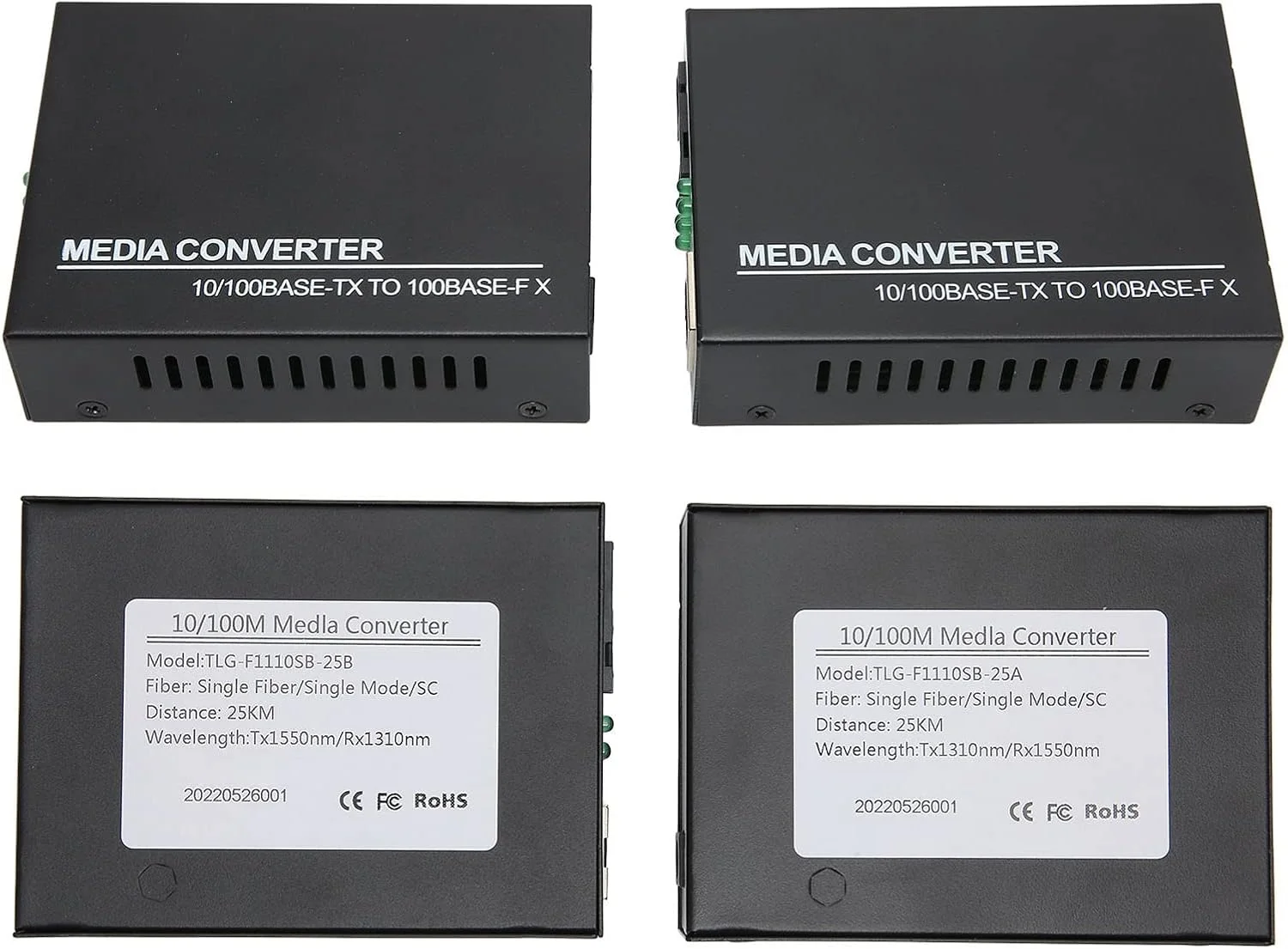 مبدل رسانه اترنت فیبر نوری TLG F1110SB 25A/B، تک حالته 10/100Base TX به 100Base FX، RJ45 به SC، فرستنده و گیرنده فیبر نوری تا 25 کیلومتر.