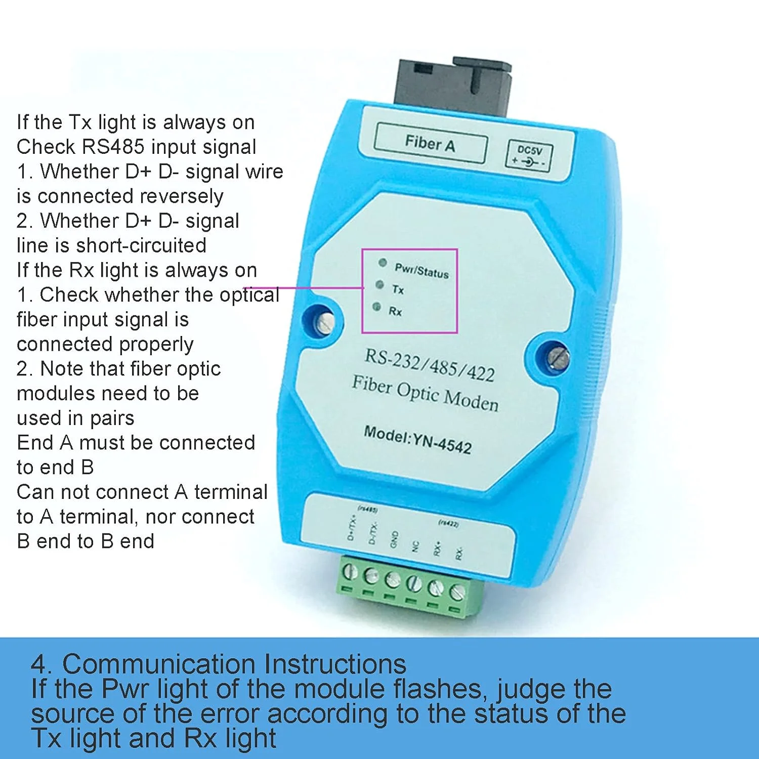مبدل RS485/422/232، فرستنده و گیرنده فیبر نوری 1.5 واتی 485 ABS سازگار، جفت برای استفاده صنعتی