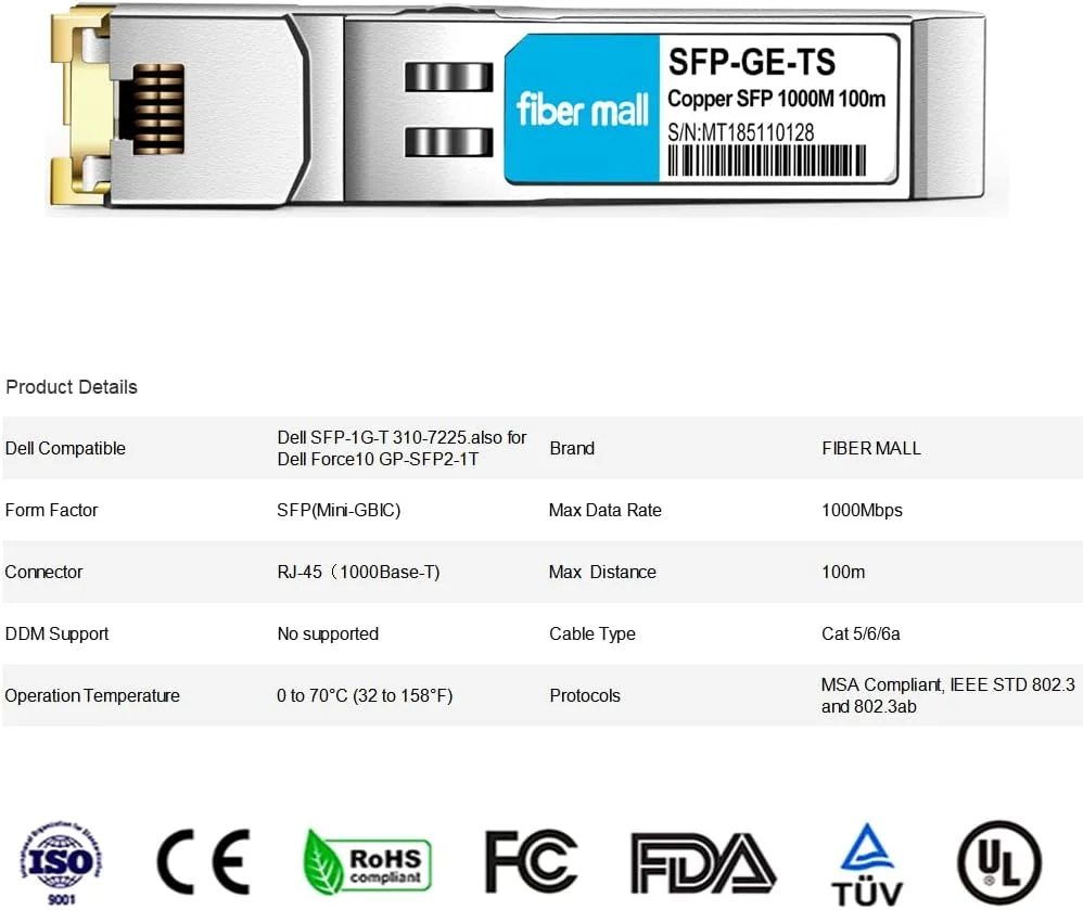 ماژول فیبر نوری SFP به RJ45 برای Dell Force10 GP-SFP2-1T Dell SFP-1G-T 310-7225 407-BBOS 1000BASE-T Mini GBIC SFP Copper RJ-45 100m