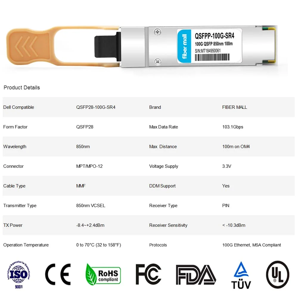 ماژول فرستنده و گیرنده نوری 100G QSFP28 SR4 فیبر مال برای Dell Q28-100G-SR4,QSFP28-100G-SR4, 100GBASE-SR4 QSFP28، طول موج 850 نانومتر، برد 100 متر، دارای کانکتور MTP/MPO و قابلیت DOM