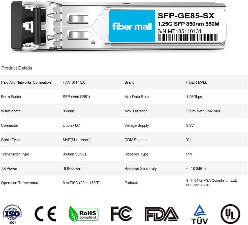 فیبر مال 1G SFP SX برای Palo Alto Networks PAN-SFP-SX 1000BASE-SX SFP LC Mini-GBIC 850nm 550m MMF DOM ماژول فرستنده و گیرنده