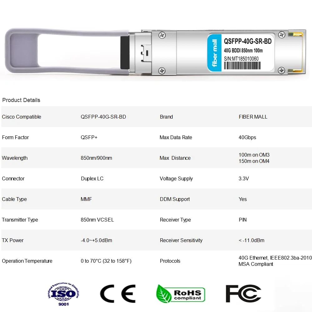 فیبر مال 40G QSFP+ SR BiDi سازگار با سیسکو QSFP-40G-SR-BD، مراکی MA-QSFP-40G-SR-BD، ماژول فرستنده و گیرنده دو طرفه QSFP+LC چند حالته 40GBASE-SR، طول موج 850nm/900nm، فیبر چند حالته 100m/150m، LC دوبلکس
