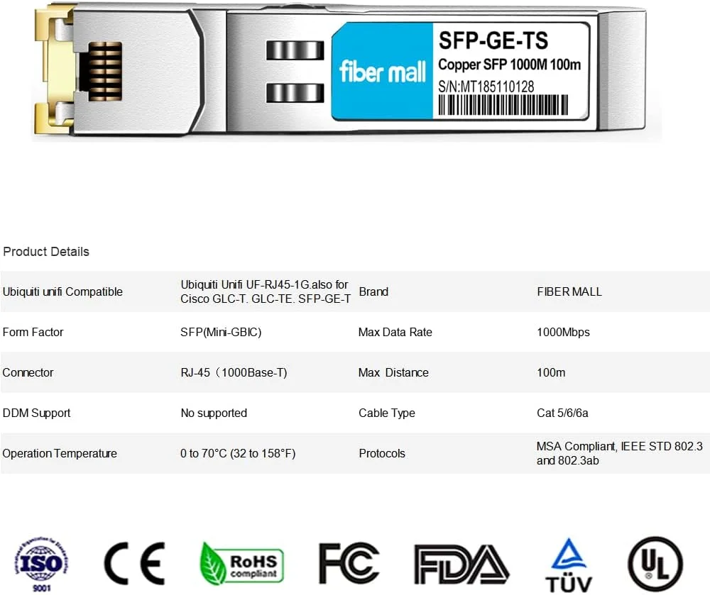 ماژول فیبر نوری SFP به RJ45 مدل GLC-T GLC-TE SFP-GE-T یوبیکیوتی یونی‌فای UF-RJ45-1G نت‌گیر AGM734 میکروتیک S-RJ01D لینک فینیسار 1000BASE-T SFP مسی RJ-45 100 متری