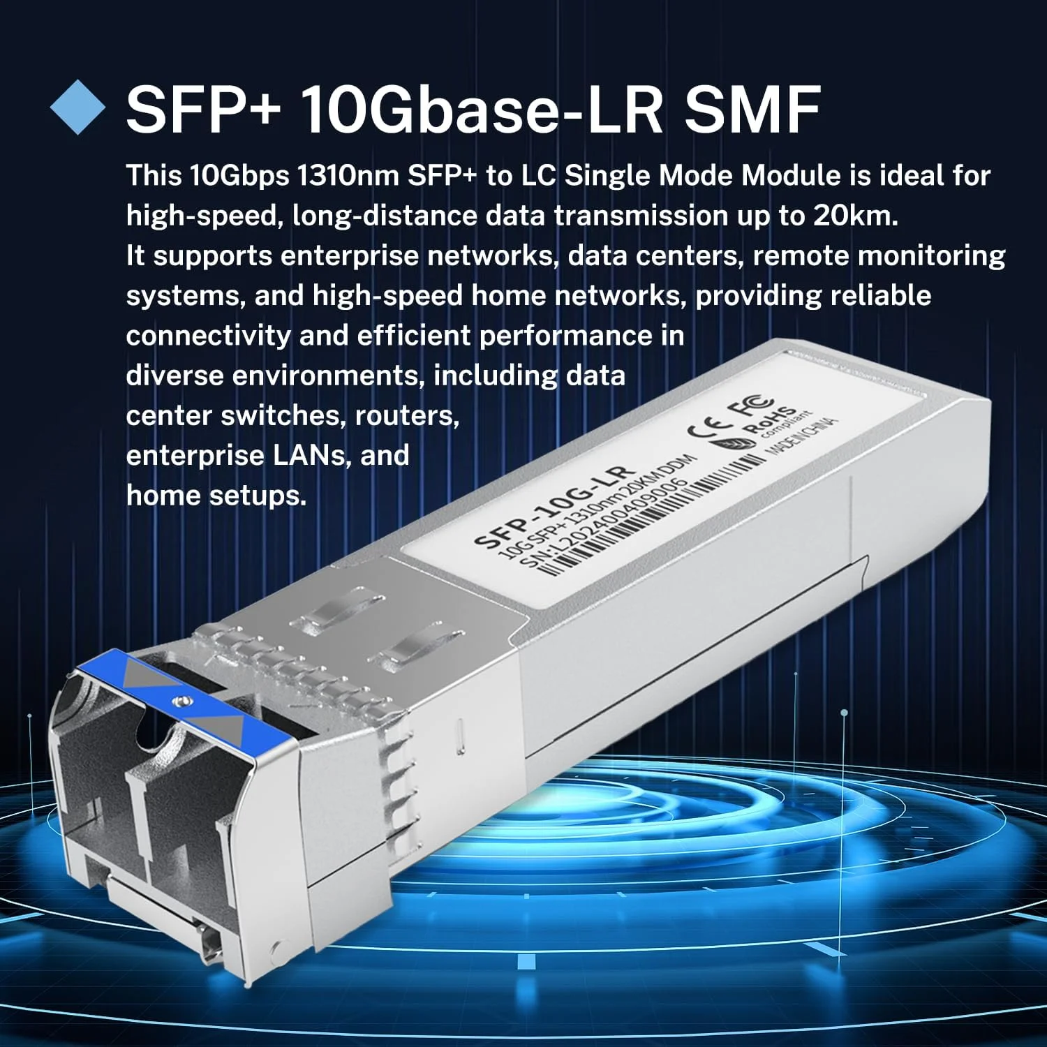 فرستنده و گیرنده FTTPVIPS SFP+ LC 10GBase-LR - ماژول تک حالته 10G، سازگار با Cisco SFP-10G-LR، Ubiquiti UF-SM-10G، Meraki، Mikrotik، Netgear، Aruba، TP-Link و غیره - 1310 نانومتر، SMF، 20 کیلومتر، DDM