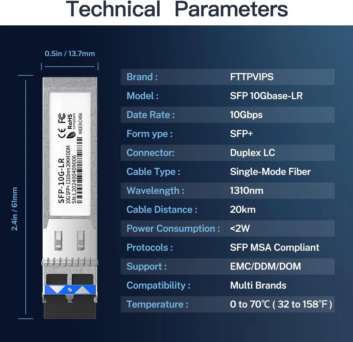 فرستنده و گیرنده FTTPVIPS SFP+ LC 10GBase-LR - ماژول تک حالته 10G، سازگار با Cisco SFP-10G-LR، Ubiquiti UF-SM-10G، Meraki، Mikrotik، Netgear، Aruba، TP-Link و غیره - 1310 نانومتر، SMF، 20 کیلومتر، DDM