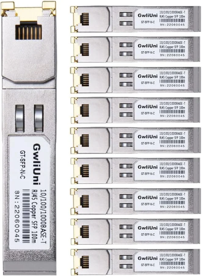 ماژول فرستنده و گیرنده مسی گیگابیتی RJ45 SFP گیگ‌ولی‌یونی، 10/100/1000Base-T، 100 متری، سازگار با سیسکو، نت‌گیر، میکروتیک، یوبیکویتی، دی‌لینک و غیره، سوئیچ باز - بسته 10 عددی