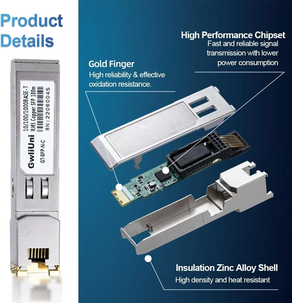 ماژول فرستنده و گیرنده مسی گیگابیتی RJ45 SFP گیگولییونی، 10/100/1000Base-T، 100 متری، سازگار با سیسکو، نتگیر، میکروتیک، یوبیکویتی، دیلینک و غیره، سوئیچ باز - بسته 10 عددی ماژول فرستنده و گیرنده مسی گیگابیتی RJ45 SFP گیگولییونی، 10/100/1000Base-T، 100 متری، سازگار با سیسکو، نتگیر، میکروتیک، یوبیکویتی، دیلینک و غیره، سوئیچ باز - بسته 10 عددی