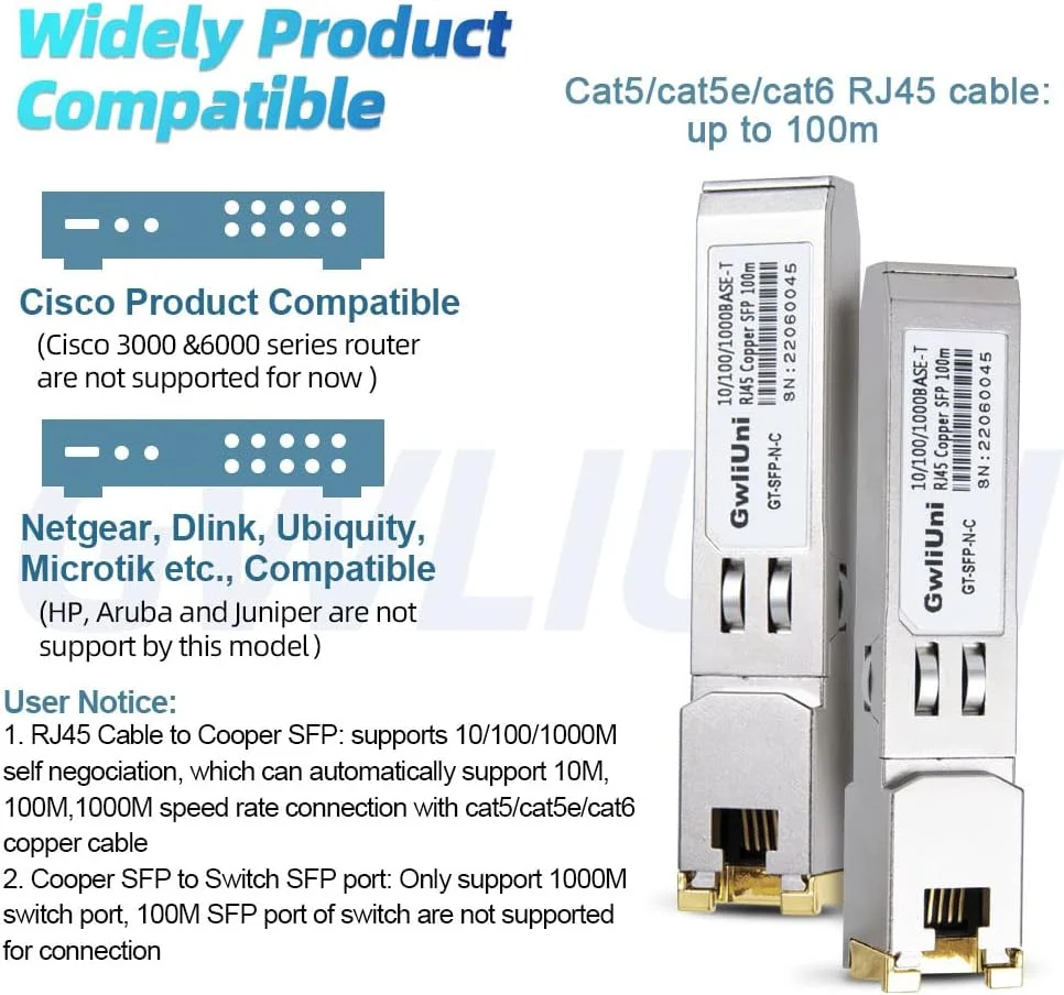 ماژول فرستنده و گیرنده مسی گیگابیتی RJ45 SFP گیگولییونی، 10/100/1000Base-T، 100 متری، سازگار با سیسکو، نتگیر، میکروتیک، یوبیکویتی، دیلینک و غیره، سوئیچ باز - بسته 10 عددی ماژول فرستنده و گیرنده مسی گیگابیتی RJ45 SFP گیگولییونی، 10/100/1000Base-T، 100 متری، سازگار با سیسکو، نتگیر، میکروتیک، یوبیکویتی، دیلینک و غیره، سوئیچ باز - بسته 10 عددی