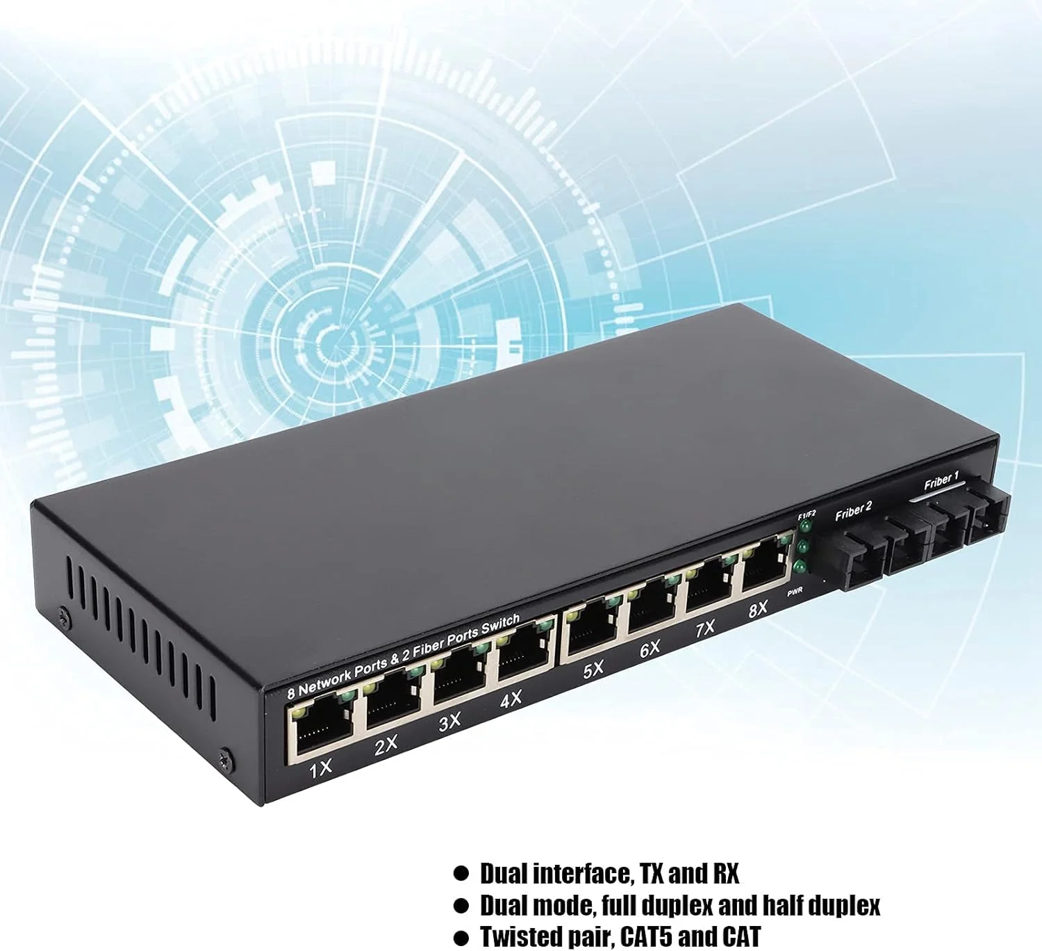 مبدل رسانه گیگابیتی اترنت GQCQGS تک حالته، 2 پورت فیبر SC به 8 پورت RJ45 10/100/1000 شبکه ماژول فرستنده گیرنده حسگر خودکار - 3 کیلومتر