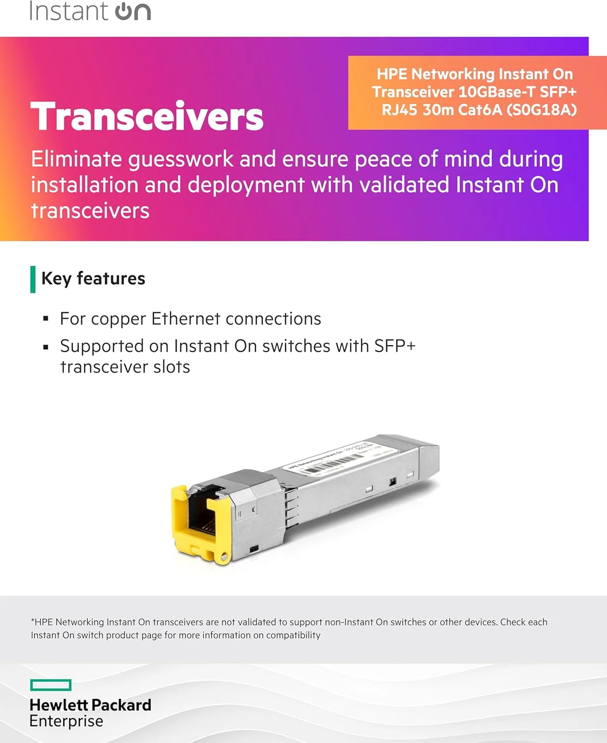 آروبا، یک شرکت هیولت پاکارد انترپرایز، HPE Networking Instant On فرستنده و گیرنده 10GBase-T SFP+ RJ45 30m Cat6A برای اتصالات اترنت مسی (S0G18A)