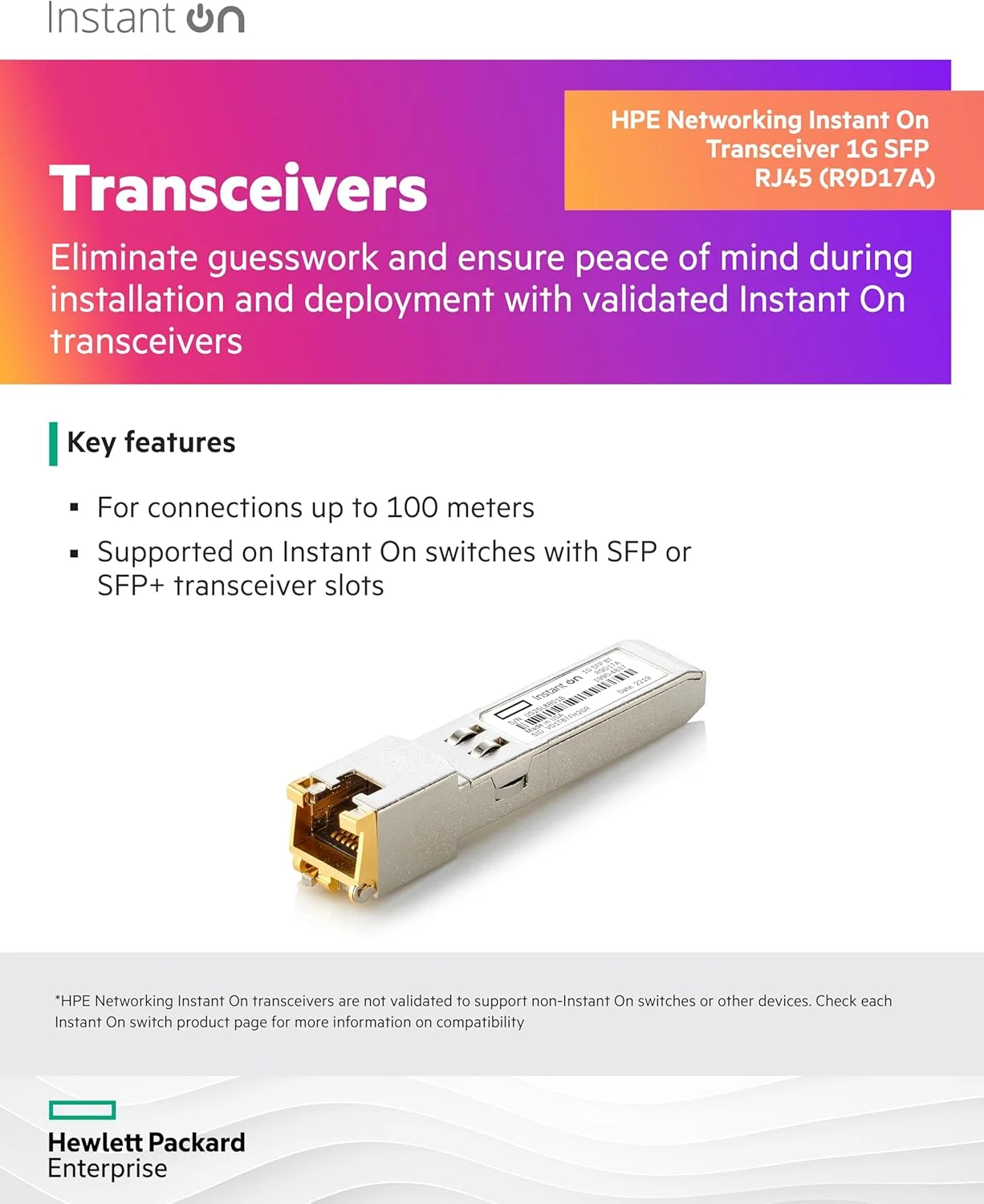 فرستنده و گیرنده Aruba a Hewlett Packard Enterprise company Instant On 1 Gigabit SFP RJ45 برای اتصالات اترنت مسی دسته 5e تا 100 متر (R9D17A)