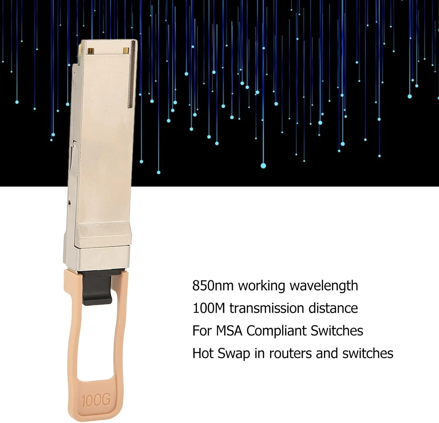 ماژول فرستنده و گیرنده نوری 100G QSFP برای فیبر دوگانه چند حالته 850 نانومتر، فاصله انتقال 100 متری، قابلیت تعویض سریع و سازگار با سوئیچ های سازگار با Huawei و MSa