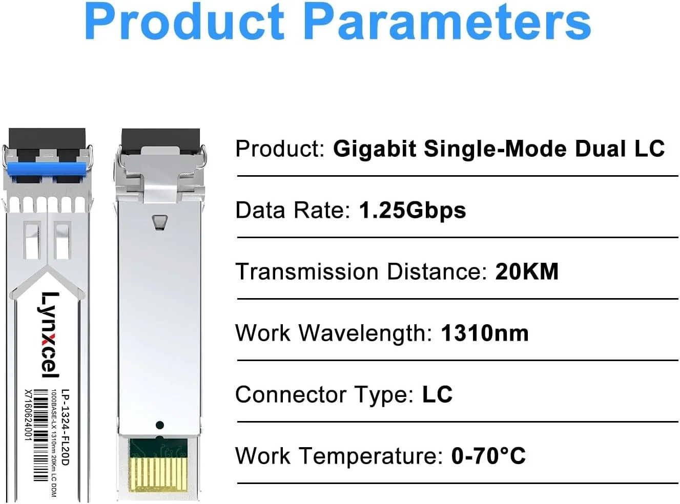 فرستنده و گیرنده 1.25G SFP LC، ماژول SFP تک حالته 1000Base-LX، دوگانه LC با طول موج 1310 نانومتر، تا 20 کیلومتر برای سیسکو، یوبیکویتی یونی‌فای، تی‌پی-لینک، مراکی، اینتل، میکروتیک، نت‌گیر و غیره، بسته 2 عددی