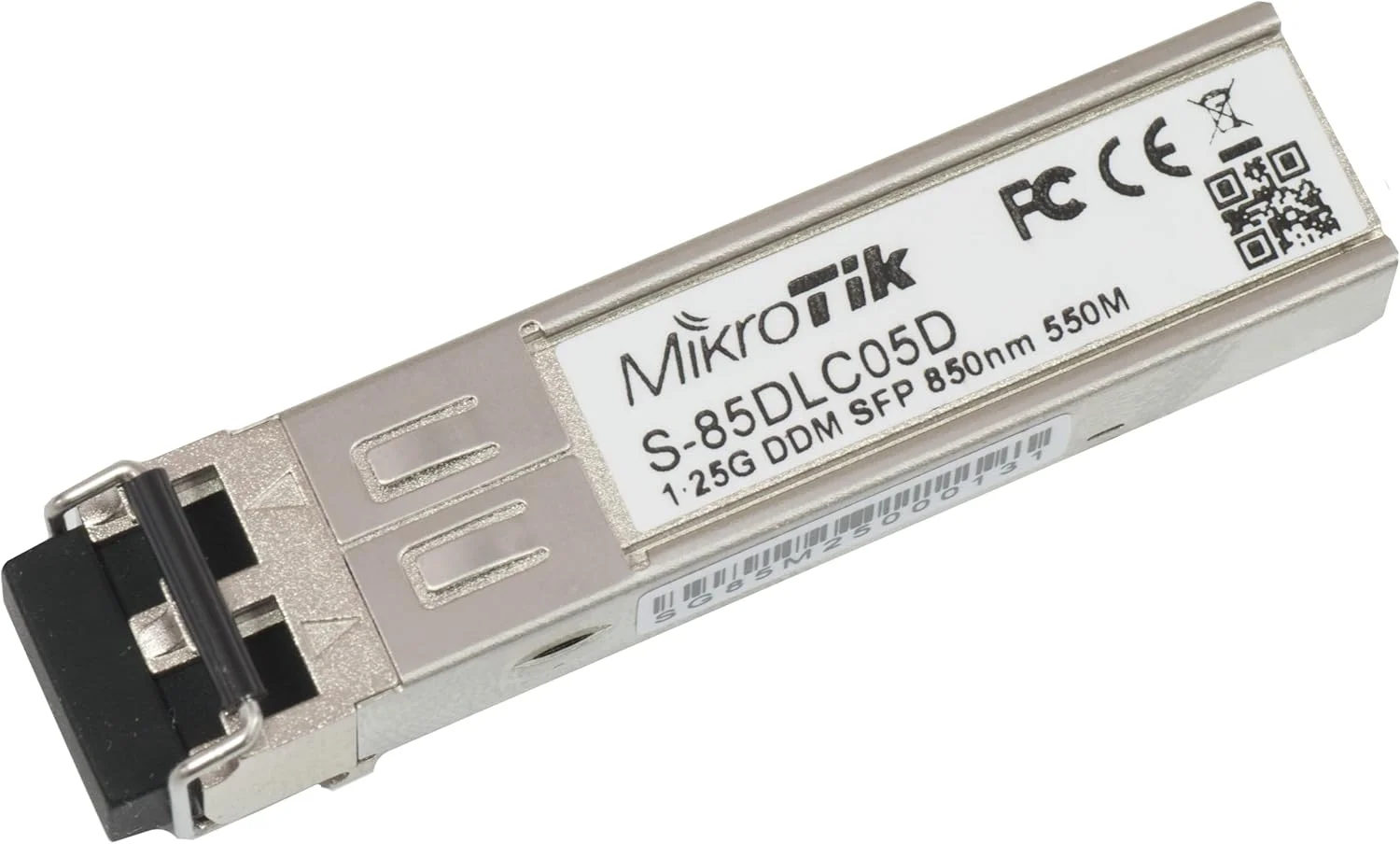 فرستنده و گیرنده SFP میکروتیک S-85DLC05D با سرعت 1.25G، دارای کانکتور LC دوگانه 850 نانومتری، برای اتصال فیبر نوری چند حالته تا 550 متر، با DDM