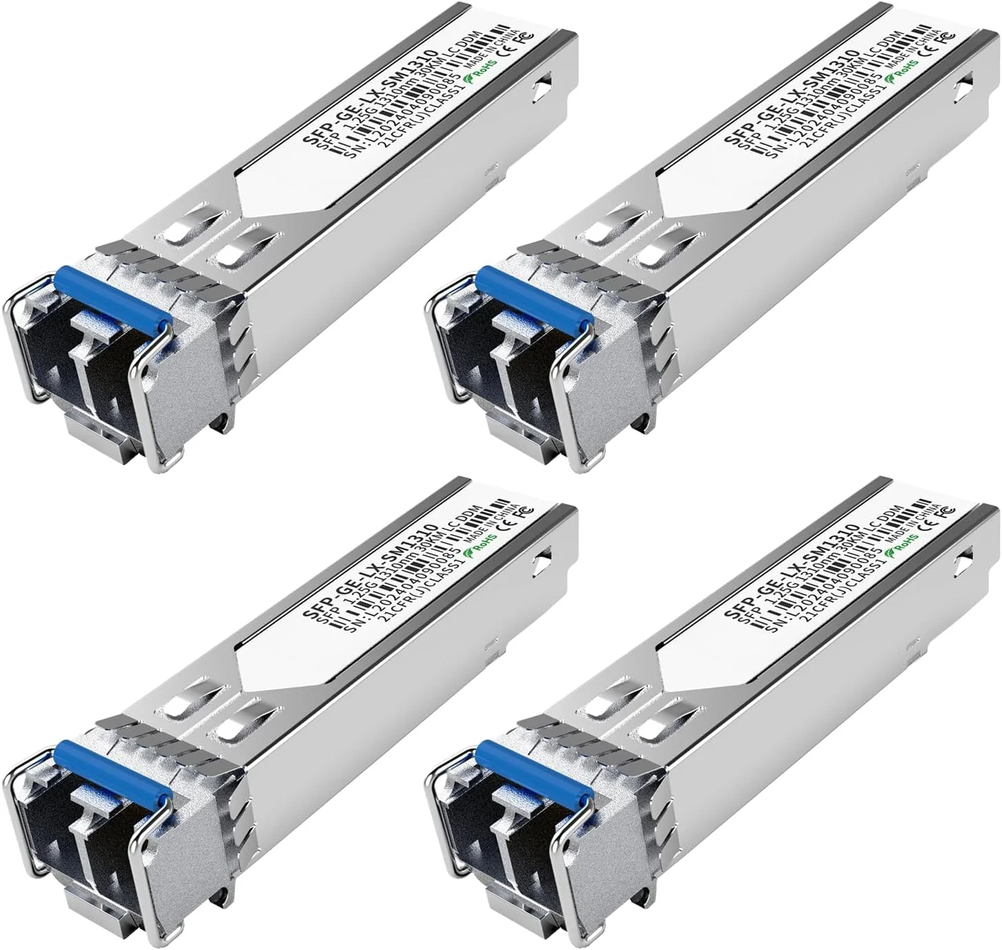 ماژول 4 عددی 1.25G SFP LC فرستنده و گیرنده تک حالته 1000Base-LX (SMF، 1310 نانومتر، 20 کیلومتر، DDM) - سازگار با سیسکو GLC-LH-SMD، Ubiquiti UniFi، Meraki، Fortinet، Mikrotik، TP-Link، Netgear، Aruba و غیره