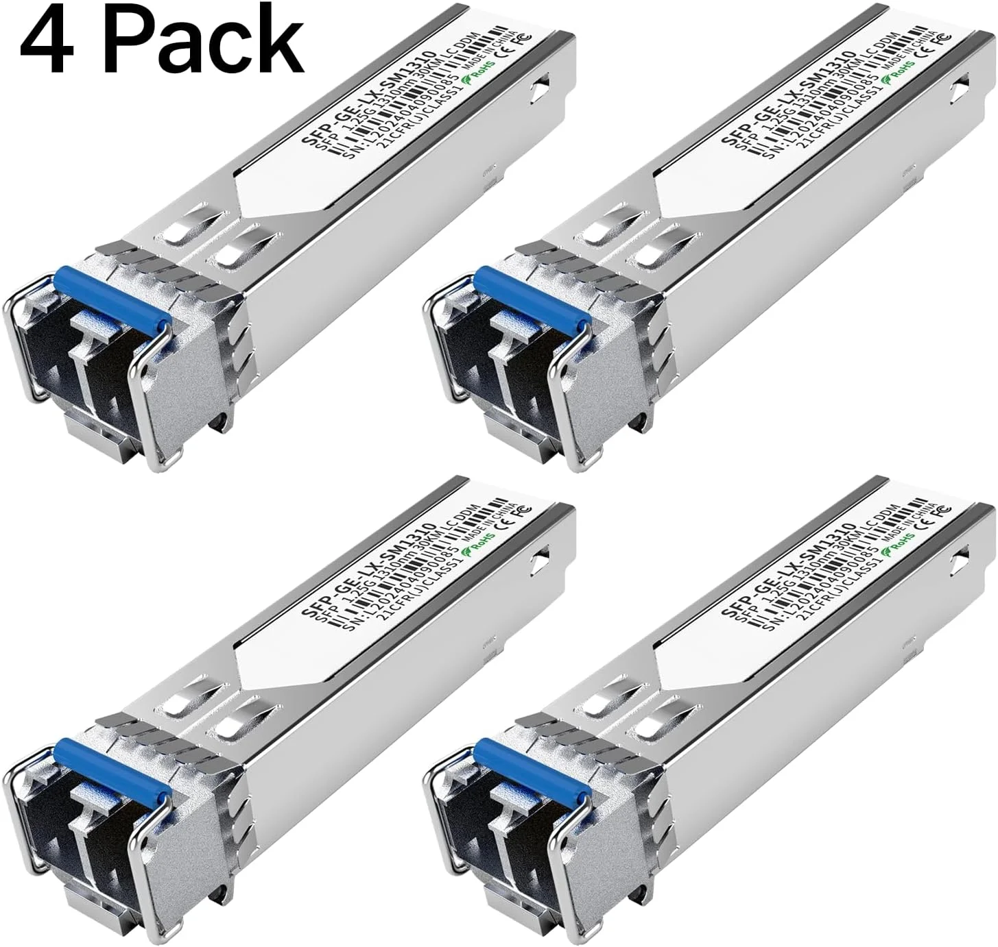 ماژول 4 عددی 1.25G SFP LC فرستنده و گیرنده تک حالته 1000Base-LX (SMF، 1310 نانومتر، 20 کیلومتر، DDM) - سازگار با سیسکو GLC-LH-SMD، Ubiquiti UniFi، Meraki، Fortinet، Mikrotik، TP-Link، Netgear، Aruba و غیره