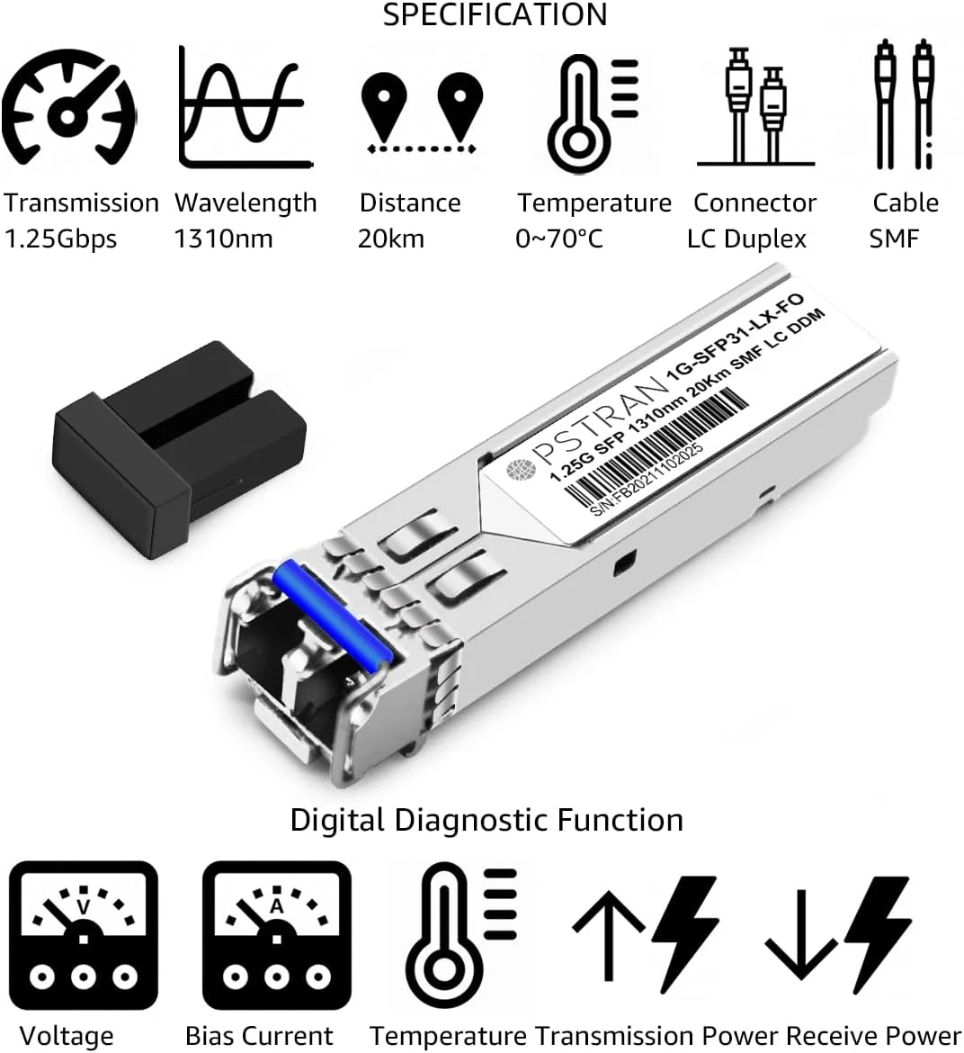 OPSTRAN 1.25G SFP LX برای Fortinet FN-TRAN-LX FG-TRAN-LX FR-TRAN-LX 1000Base-LX/LH تک حالته مینی GBIC 1310nm SMF 10km/20km ماژول فرستنده و گیرنده LC DOM