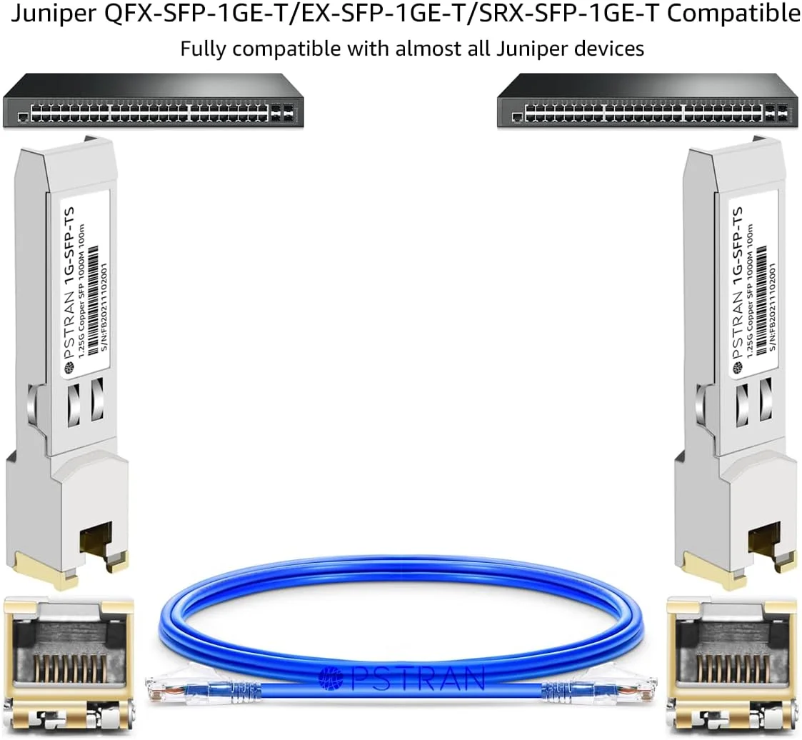 ماژول فرستنده و گیرنده مسی SFP به RJ-45 مدل 1000BASE-T برای Juniper QFX-SFP-1GE-T SRX-SFP-1GE-T EX-SFP-1GE-T با برد 100 متری Cat5e/6