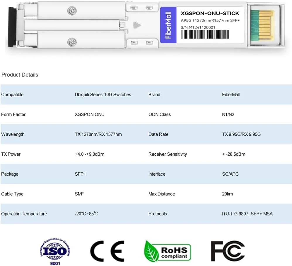 استیک XGSPON ONU SFP+ با فرستنده و گیرنده نوری MAC، نسخه 8311، سازگار با سوئیچ ها و روترهای 10G Ubiquiti Mikro TIK Netgate TP Link، SMF 9.953G-TX/9.953G-RX، 1270 نانومتر-TX/1577 نانومتر-RX، 20 کیلومتر، SC/APC