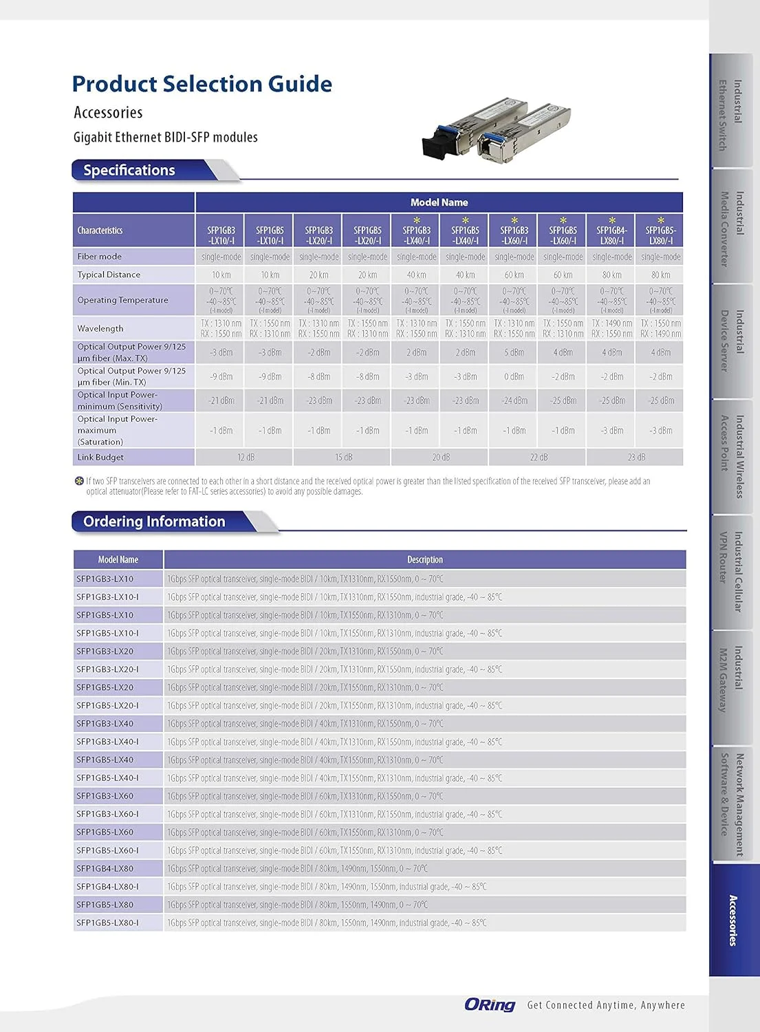فرستنده و گیرنده نوری ORing-SFP1GB3-LX20-I با سرعت 1Gbps SFP، تک حالته BIDI / 20km، TX1310nm، RX1550nm، درجه صنعتی فرستنده و گیرنده نوری ORing-SFP1GB3-LX20-I با سرعت 1Gbps SFP، تک حالته BIDI / 20km، TX1310nm، RX1550nm، درجه صنعتی