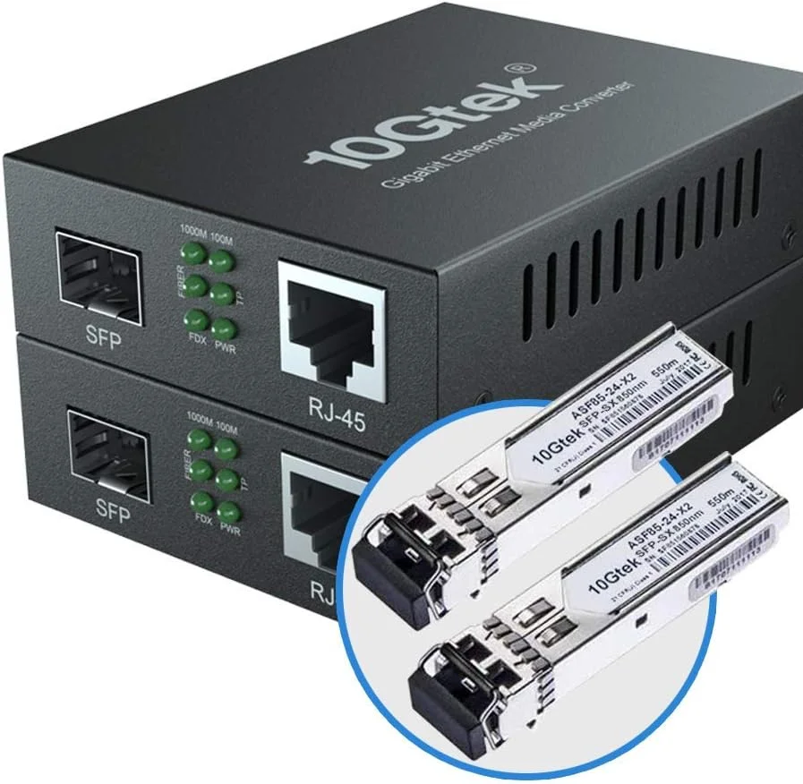 [بسته 2 عددی] مبدل رسانه گیگابیتی اترنت با ماژول چند حالته 1Gb SFP SX LC، RJ45 10/100/1000M به 1000Base-SX، تا 550 متر، با منبع تغذیه بریتانیایی