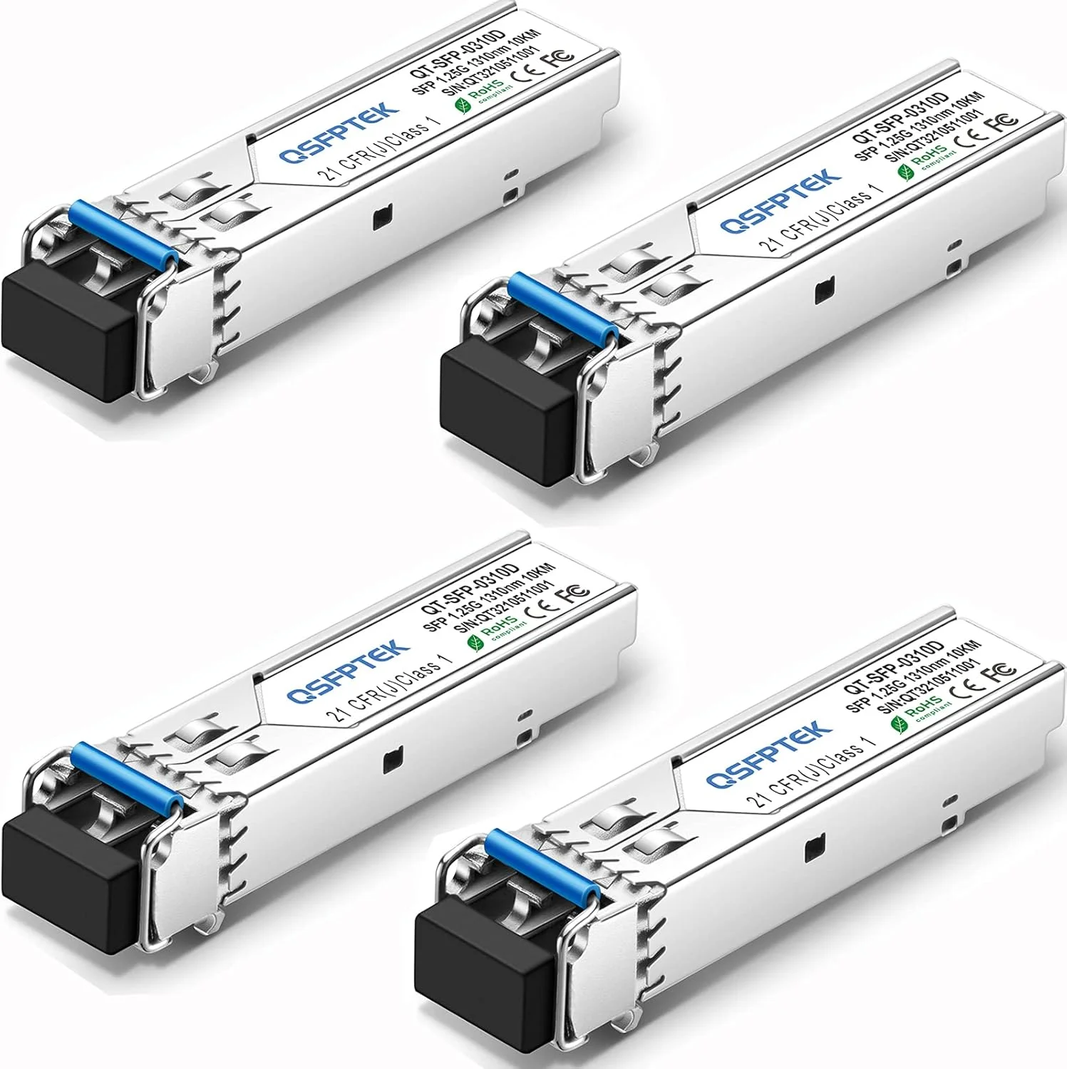 ماژول QSFPTEK 4Pack 1.25gGigabit SFP، فرستنده و گیرنده شبکه اترنت 1000BASE-LX/LH تک حالته LC Mini-GBIC 1310 نانومتر، 10 کیلومتر، DDM برای Cisco GLC-LH-SMD/GLC-LX-SM-RGD، Ubiquiti UF-SM-1G، Netgear، Mikrotik