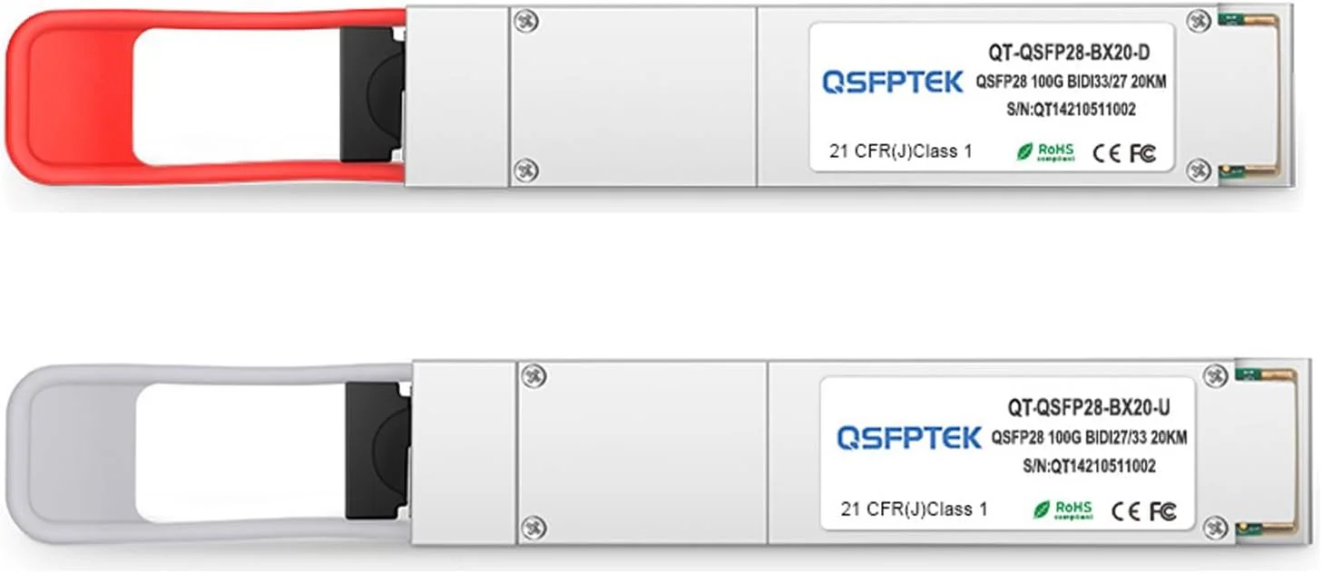 ماژول فرستنده و گیرنده QSFPTEK 100GBASE-BX20 BiDi QSFP28 20km DDM LC SMF سازگار با Cisco QSFP28-100G-BX20-D(1331nm-TX/1291nm-RX)/ QSFP28-100G-BX20-U(1291nm-TX/1331nm-RX)