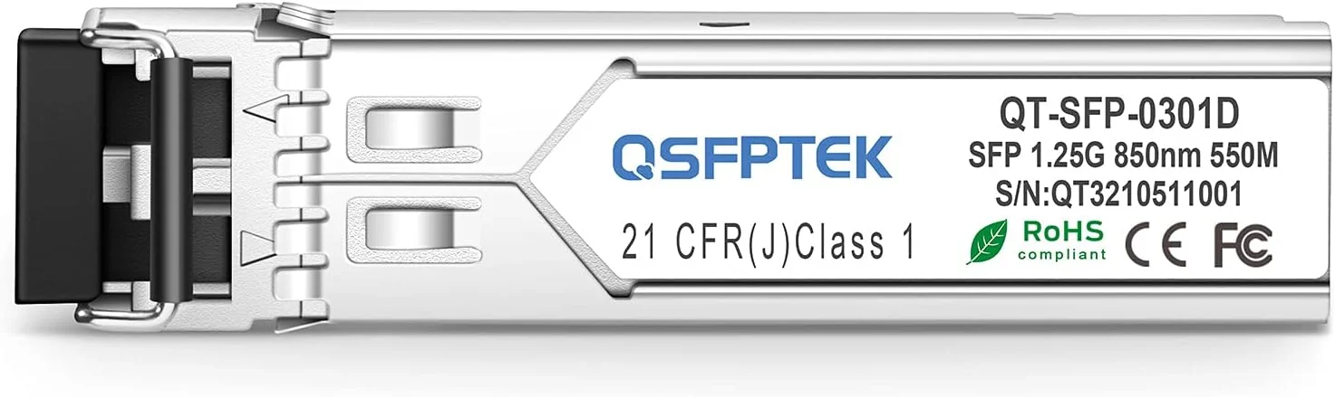ماژول QSFPTEK SFP گیگابیتی چند حالته LC Mini-GBIC فرستنده و گیرنده 1000BASE-SX برای سیسکو GLC-SX-MMD/GLC-SX-MM/SFP-GE-S، یوبیکویتی UF-MM-1G، نت گیر، میکروتیک و سایر سوئیچ های باز (850 نانومتر، 550 متر، با DDM)