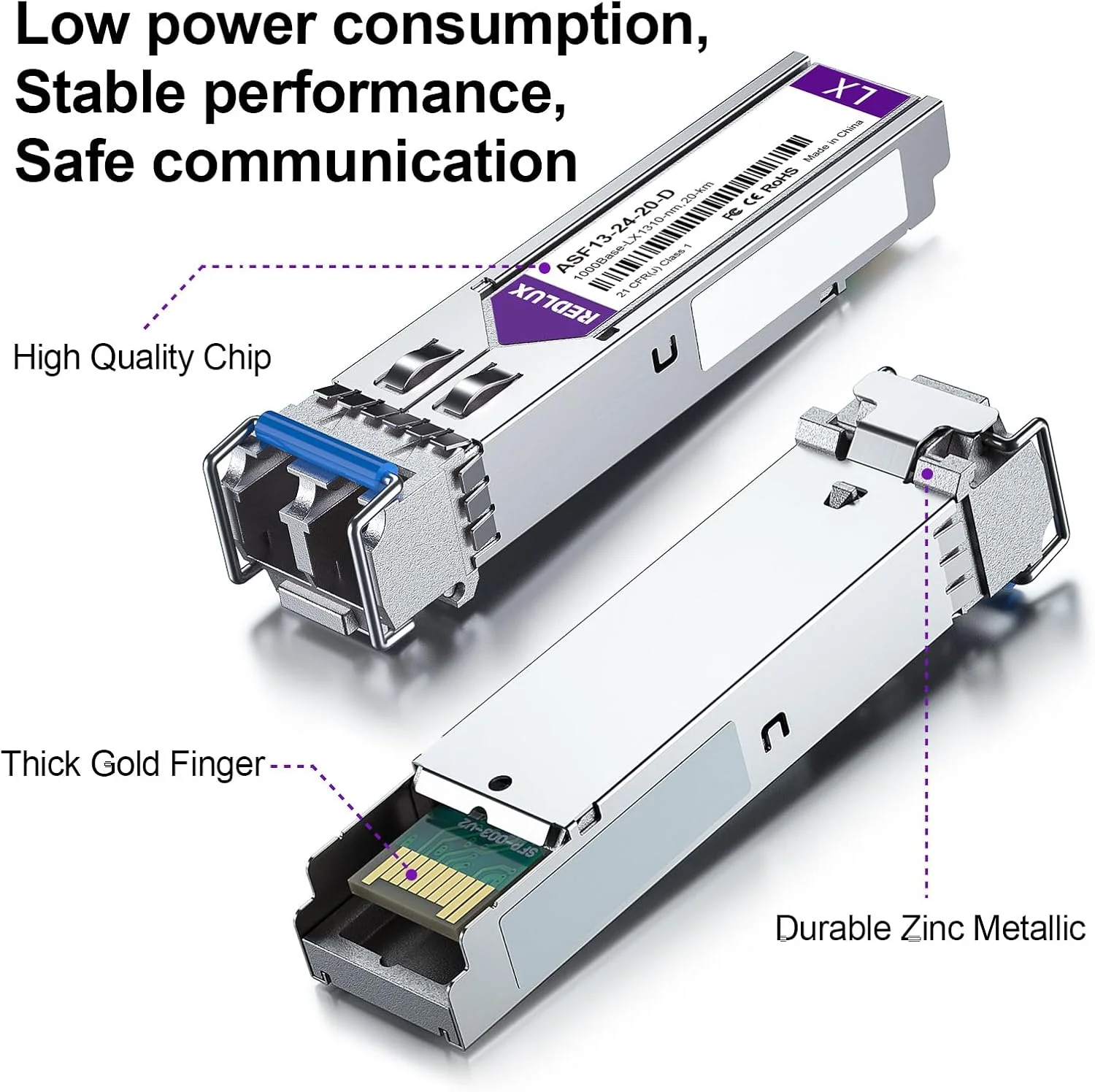 فرستنده و گیرنده REDLUX 1G SFP، ماژول 1000Base-LX SFP، طول موج 1310 نانومتر SMF، کانکتور LC دوگانه، تا 20 کیلومتر، سازگار با Cisco GLC-LH-SMD، Meraki، Ubiquiti UniFi UF-SM-1G، Fortinet، Netgear و غیره