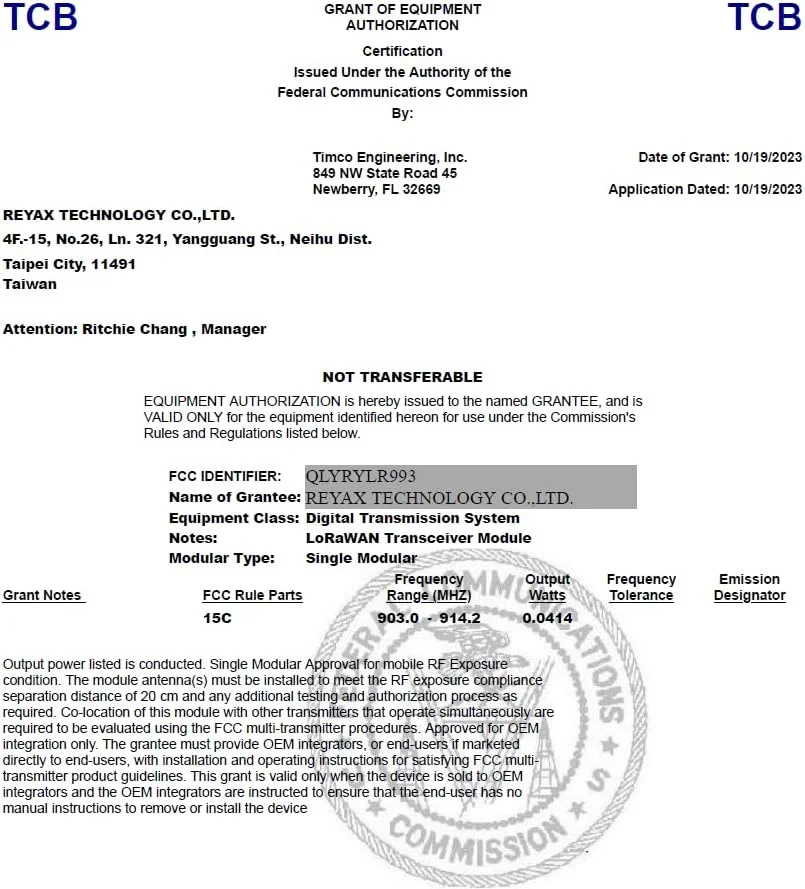 ماژول فرستنده و گیرنده دو حالته 868/915 مگاهرتز LoRaWAN® و اختصاصی مدل RYLR993_lite RYLR993 دارای گواهینامه FCC CE MIC NCC
