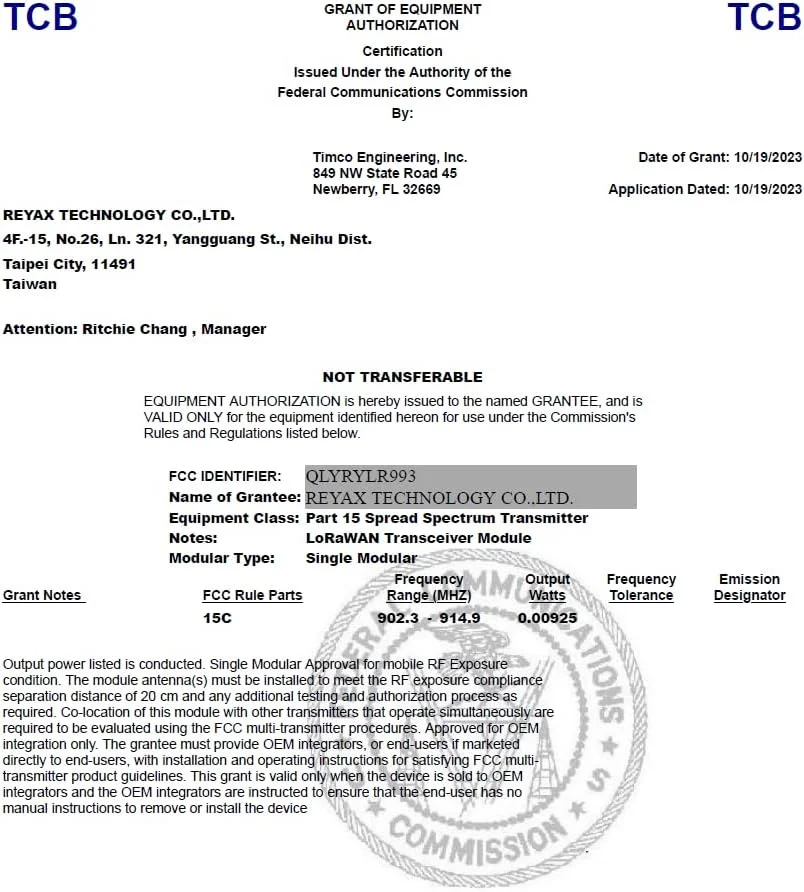 ماژول فرستنده و گیرنده دو حالته 868/915 مگاهرتز LoRaWAN® و اختصاصی مدل RYLR993_lite RYLR993 دارای گواهینامه FCC CE MIC NCC