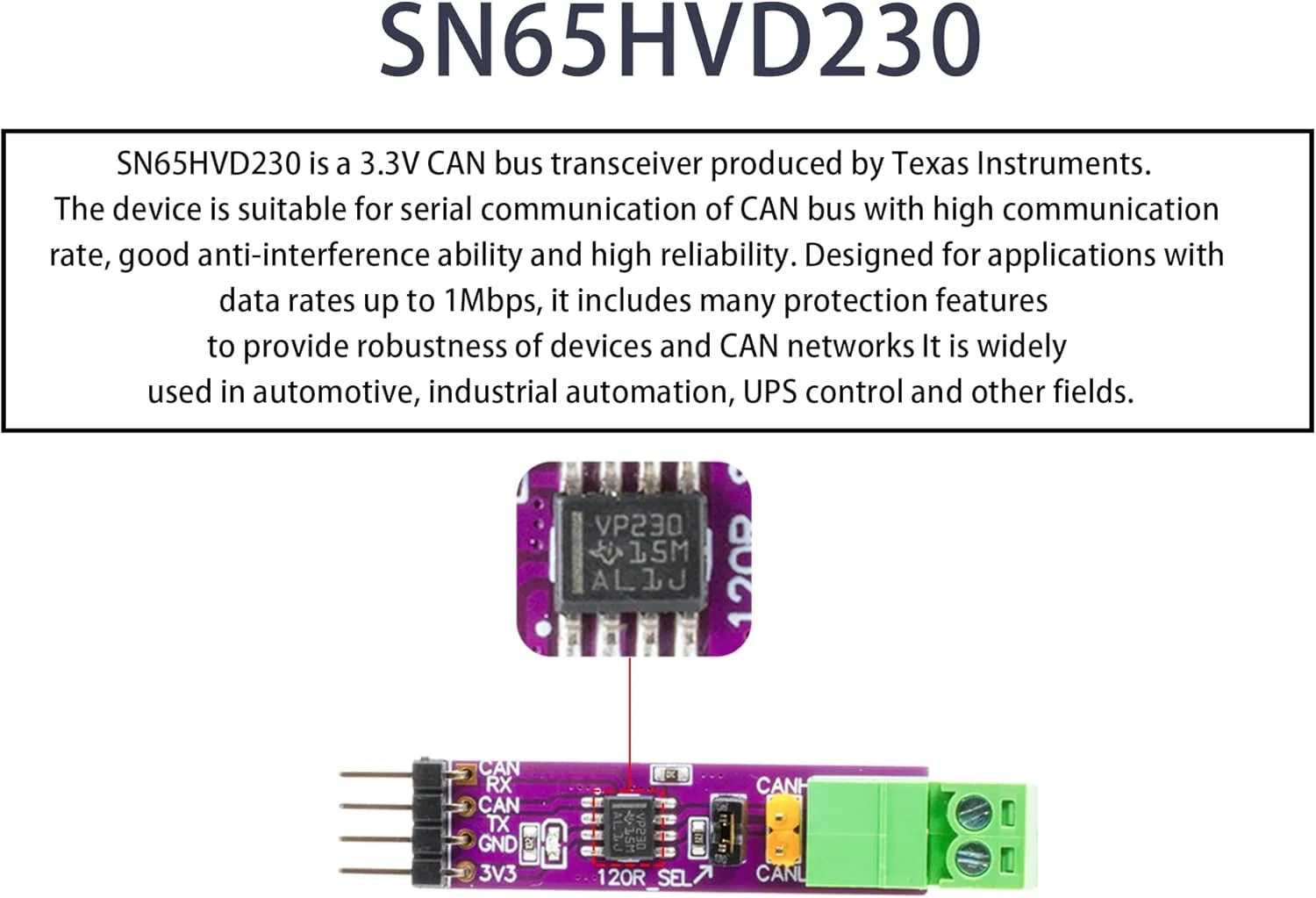 ماژول ارتباطی برد CAN مدل SN65HVD230، فرستنده و گیرنده تک کاناله CAN Bus، دارای نشانگر قدرت