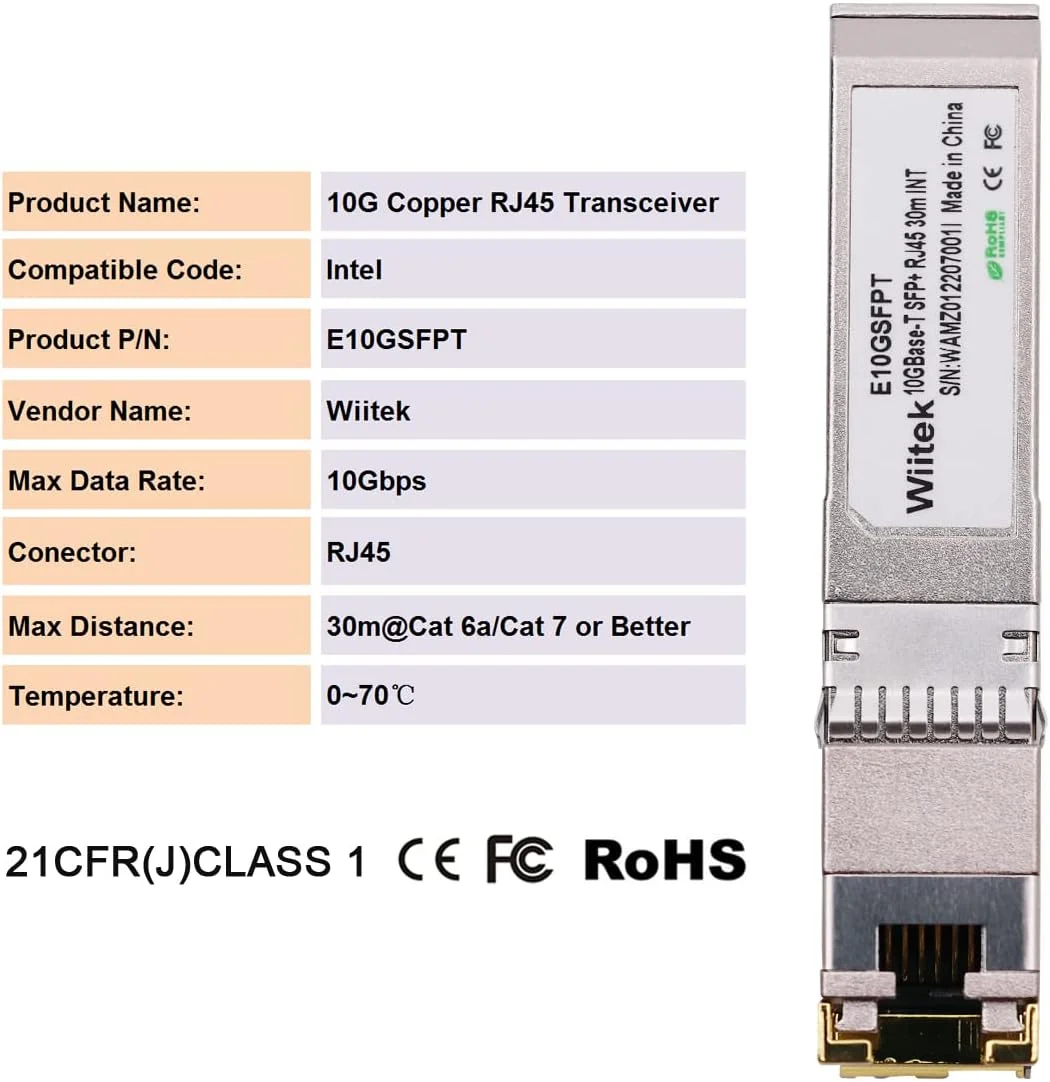 ماژول‌های مسی SFP+ به RJ45 Wiitek، فرستنده و گیرنده 10GBase-T سازگار با Intel E10GSFPT (Cat 6a/7 یا بهتر، 30 متر)
