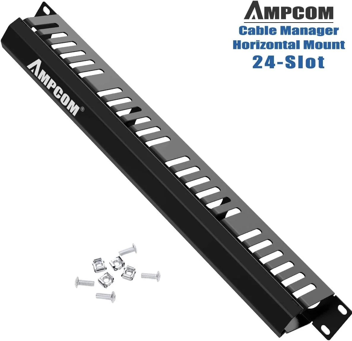 محفظه مدیریت کابل AMPCOM 1U، نصب افقی، رک سرور 19 اینچی به همراه پیچ های نصب، سازمان دهنده سیم فلزی 24 شیاره با پوشش